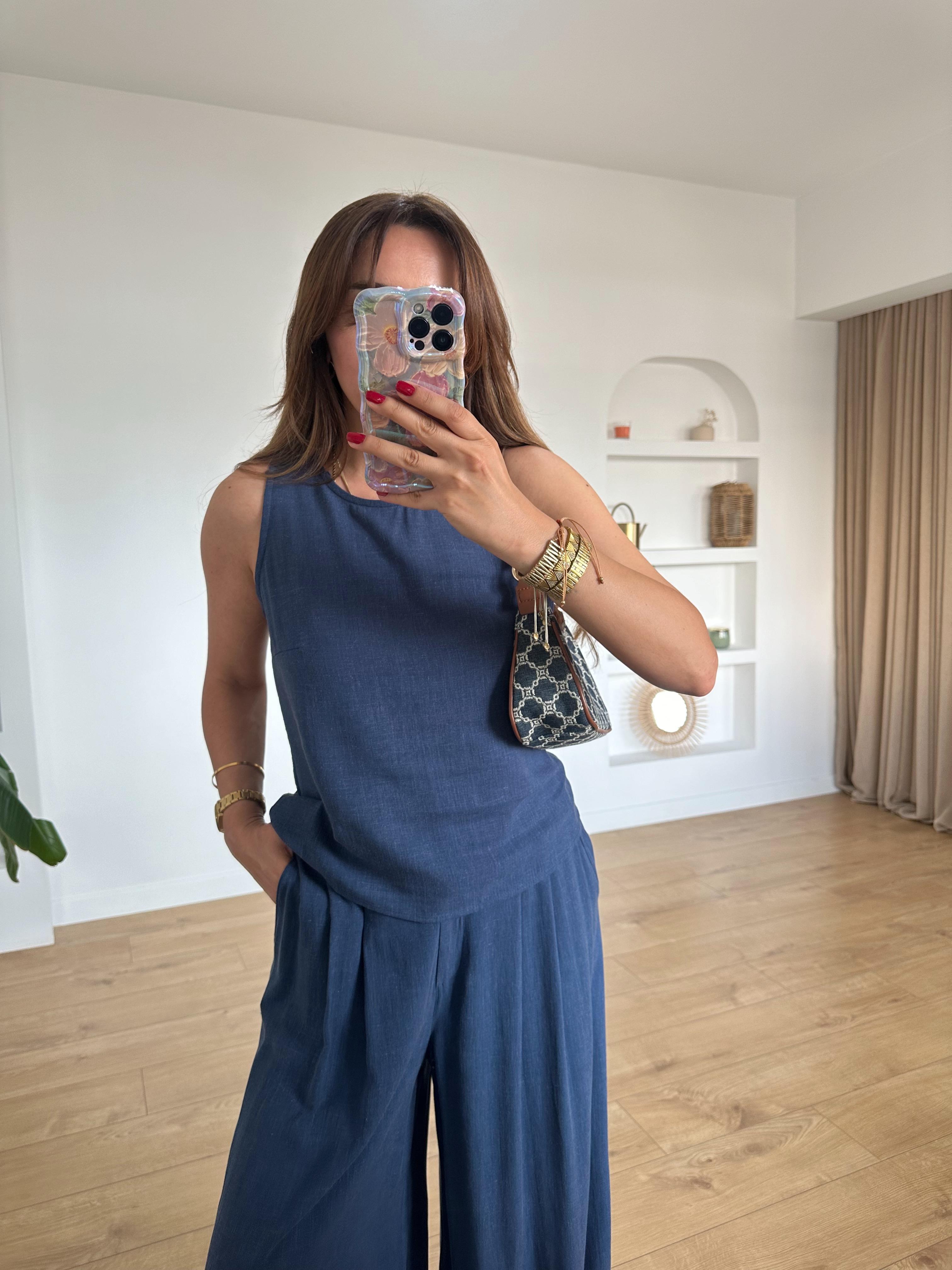 MORGAN İNDİGO KETEN KARIŞIMLI BLUZ PANTOLON TAKIM