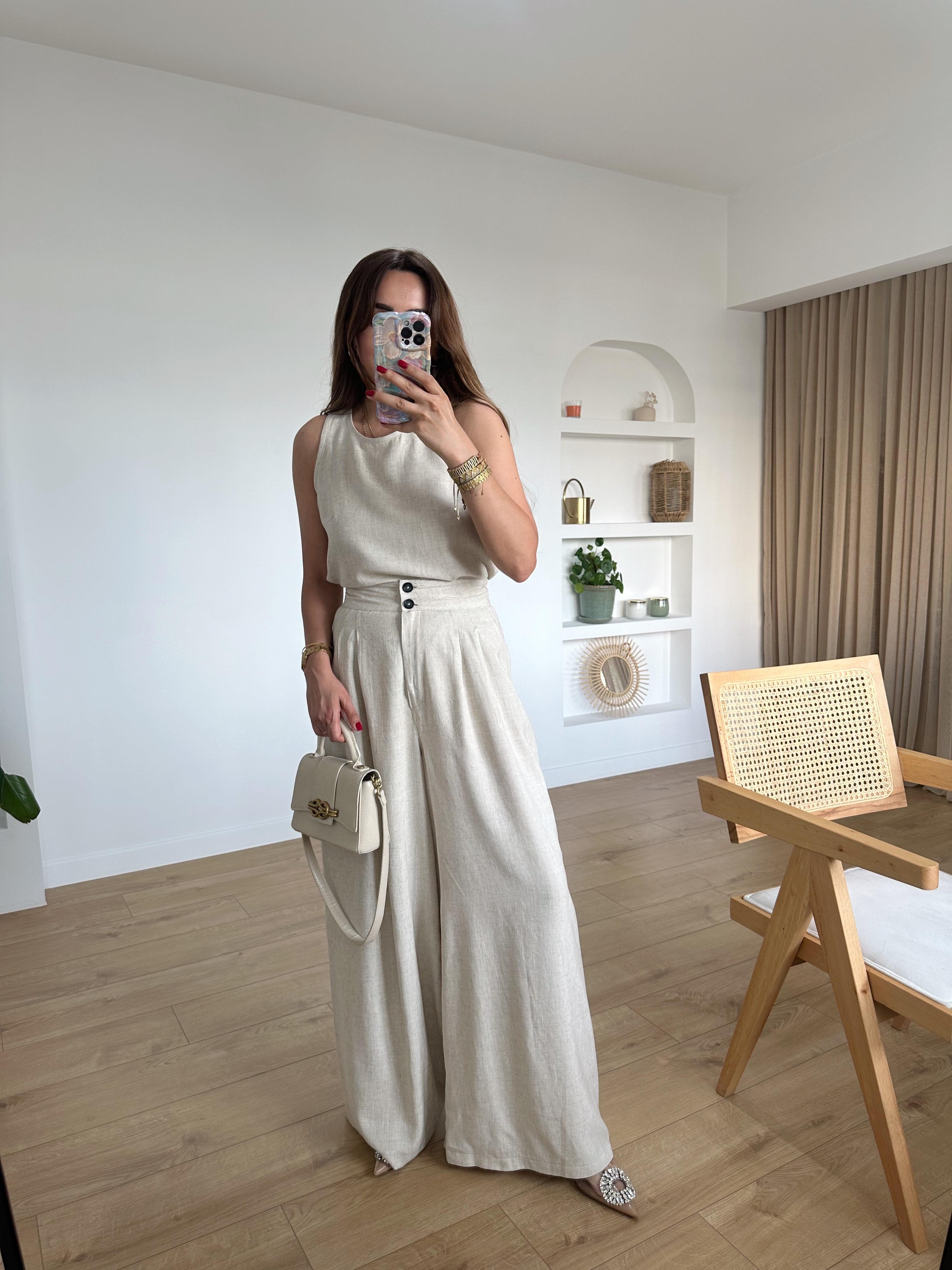 MORGAN NATURAL KETEN KARIŞIMLI BLUZ PANTOLON TAKIM