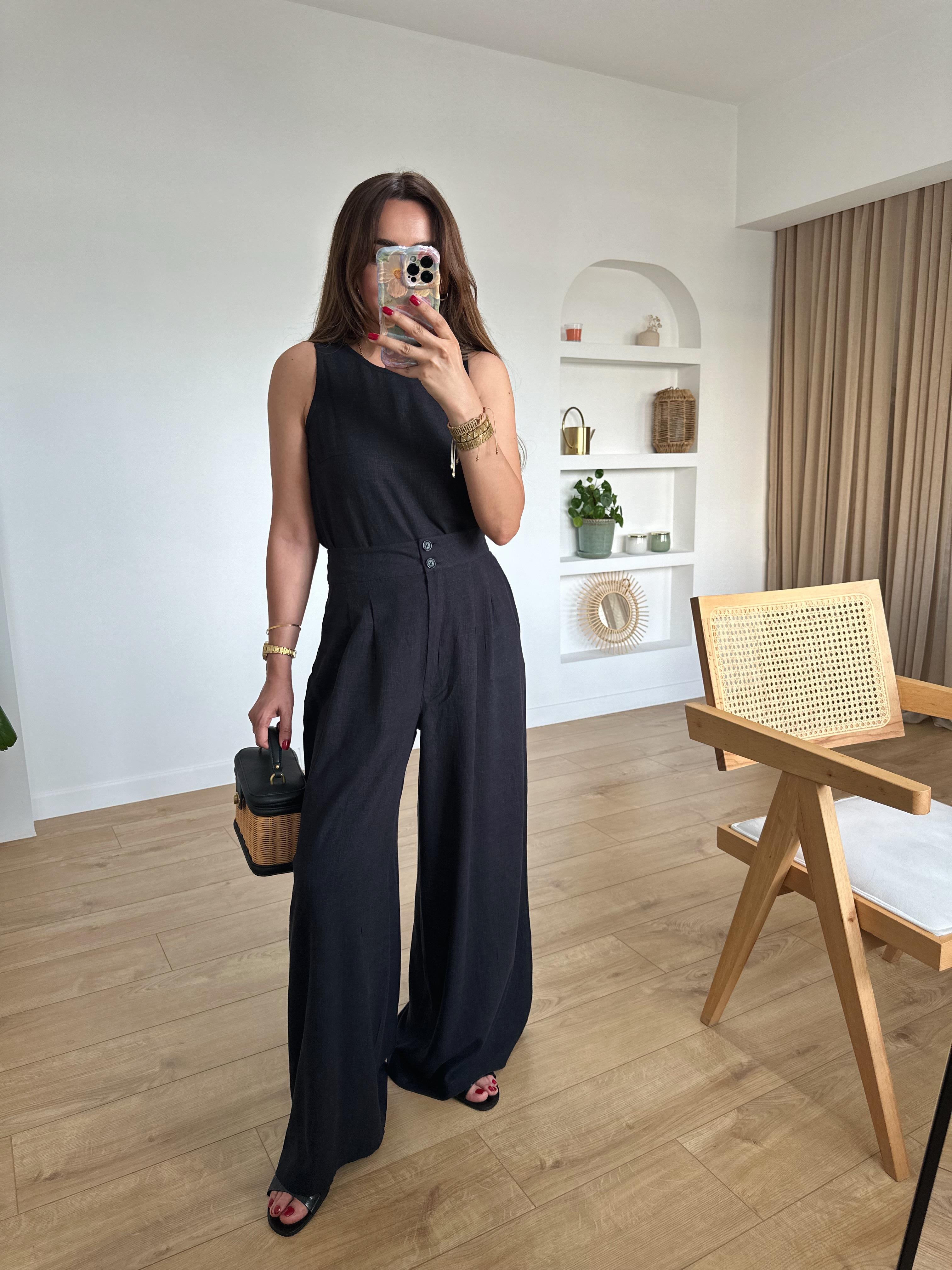MORGAN SOLUK SİYAH KETEN KARIŞIMLI BLUZ PANTOLON TAKIM
