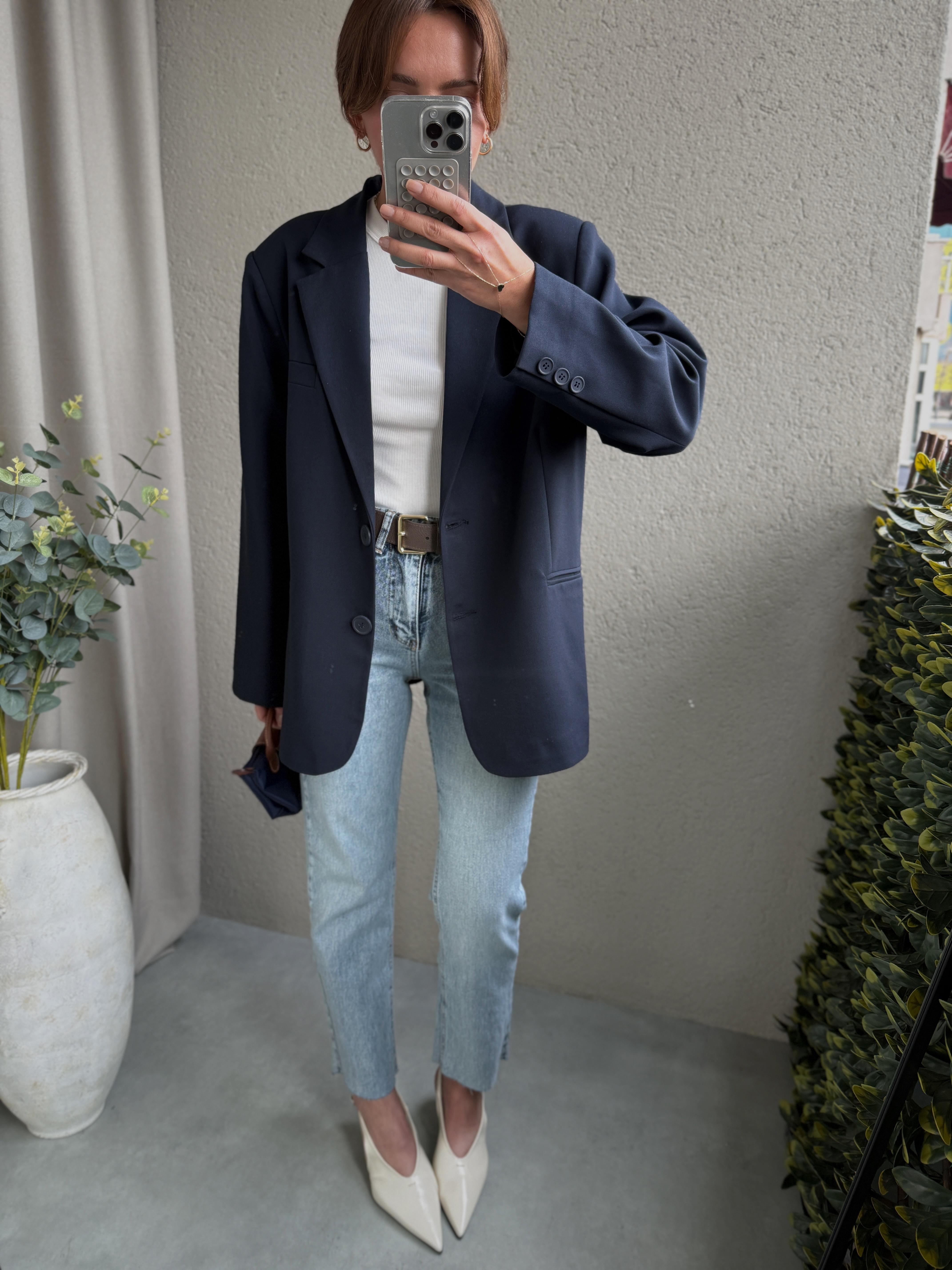 Palm Lacivert Oversize Astarlı Blazer Ceket