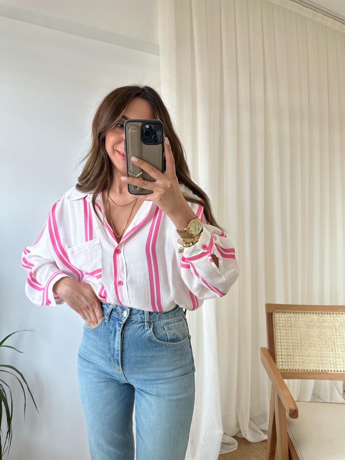 Pembe Çizgili Tensel Oversıze Gömlek · 7