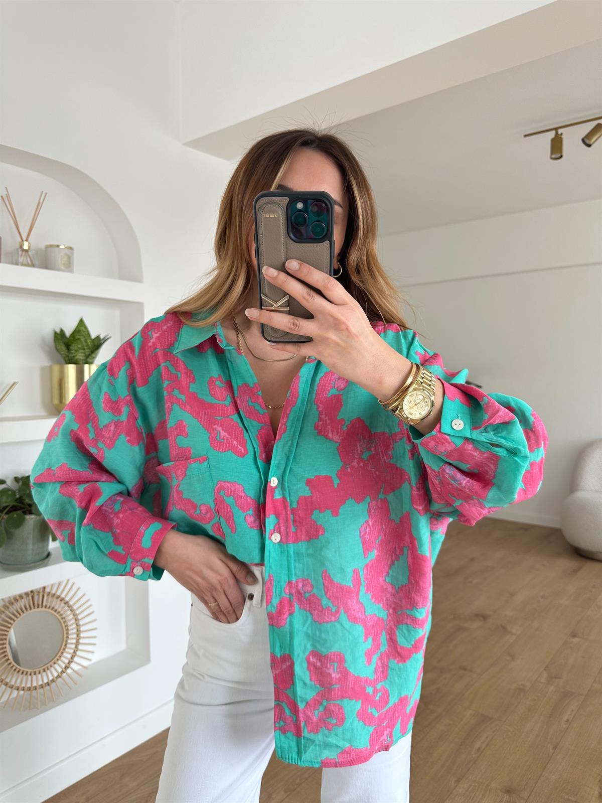 PEMBE DESENLİ TENSEL OVERSIZE GÖMLEK