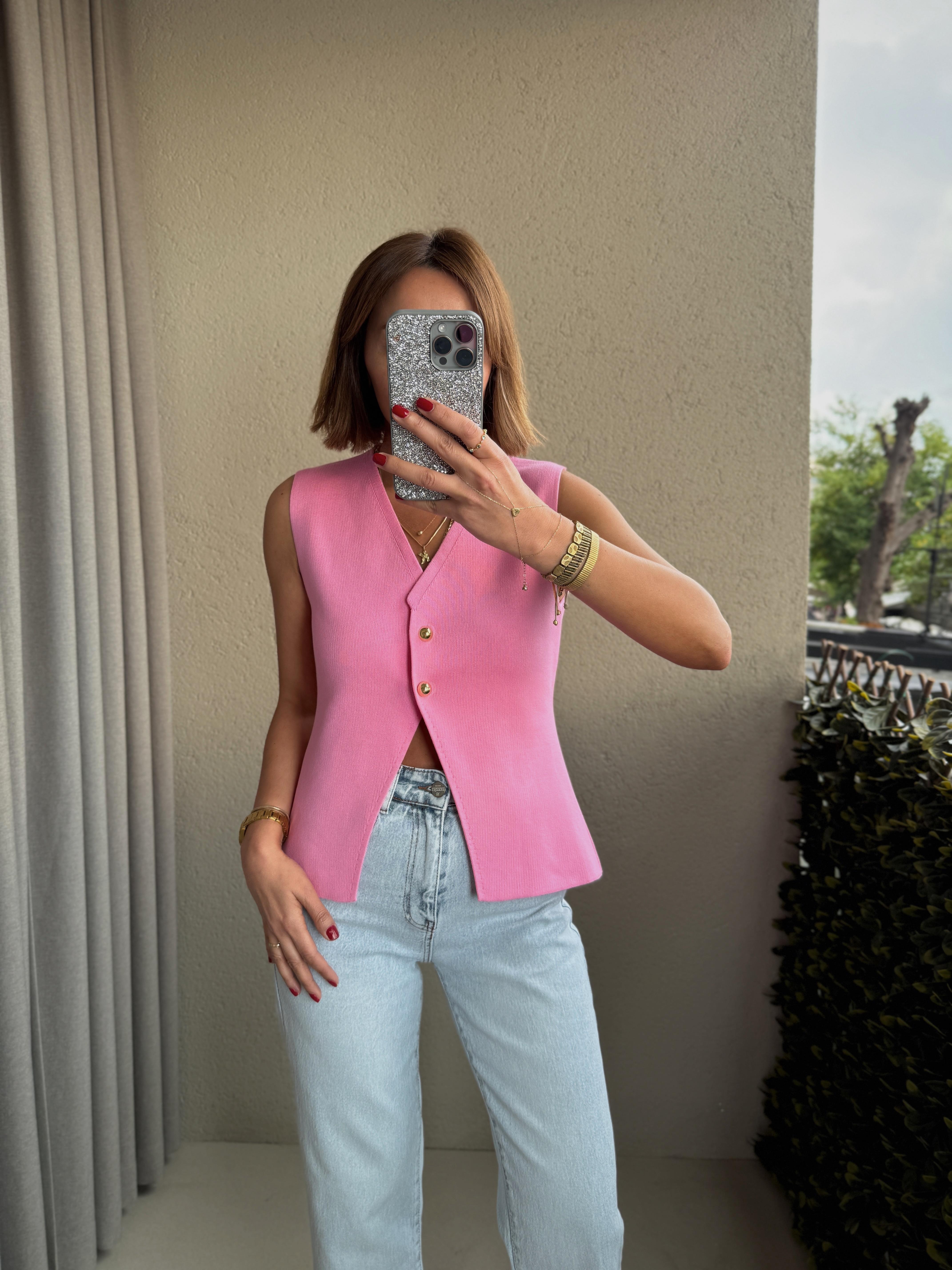 Pembe Gold Düğmeli Triko Yelek