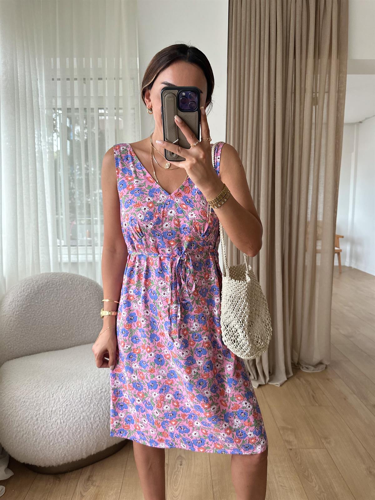 Pembe Küçük Çiçekli Kolsuz Elbise · 3