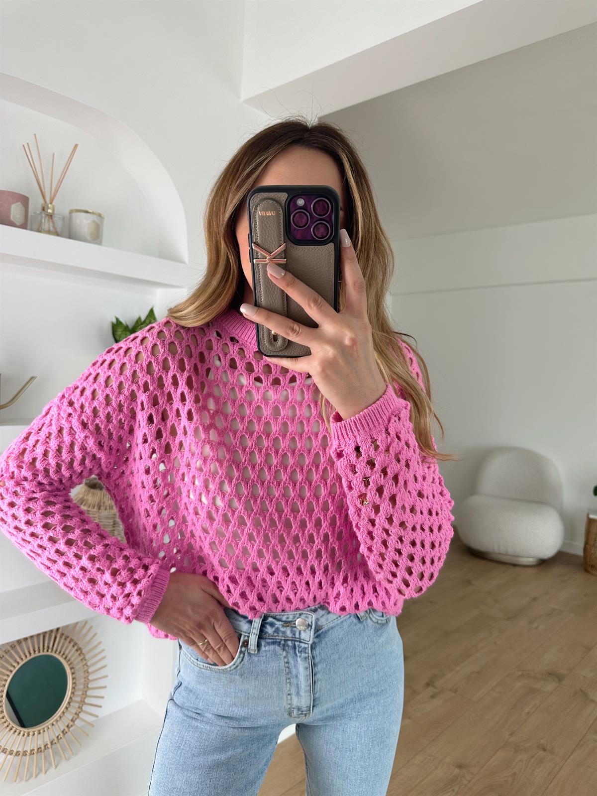 PEMBE ÖRGÜ DETAYLI TRİKO