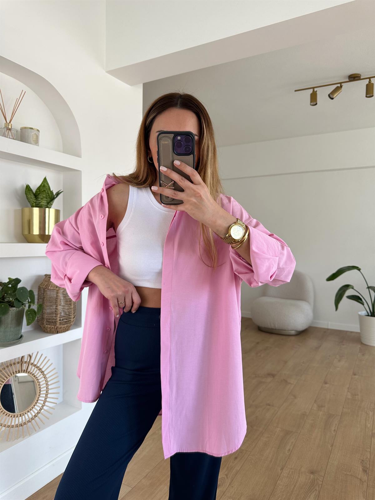 PEMBE PAMUKLU OVERSIZE GÖMLEK
