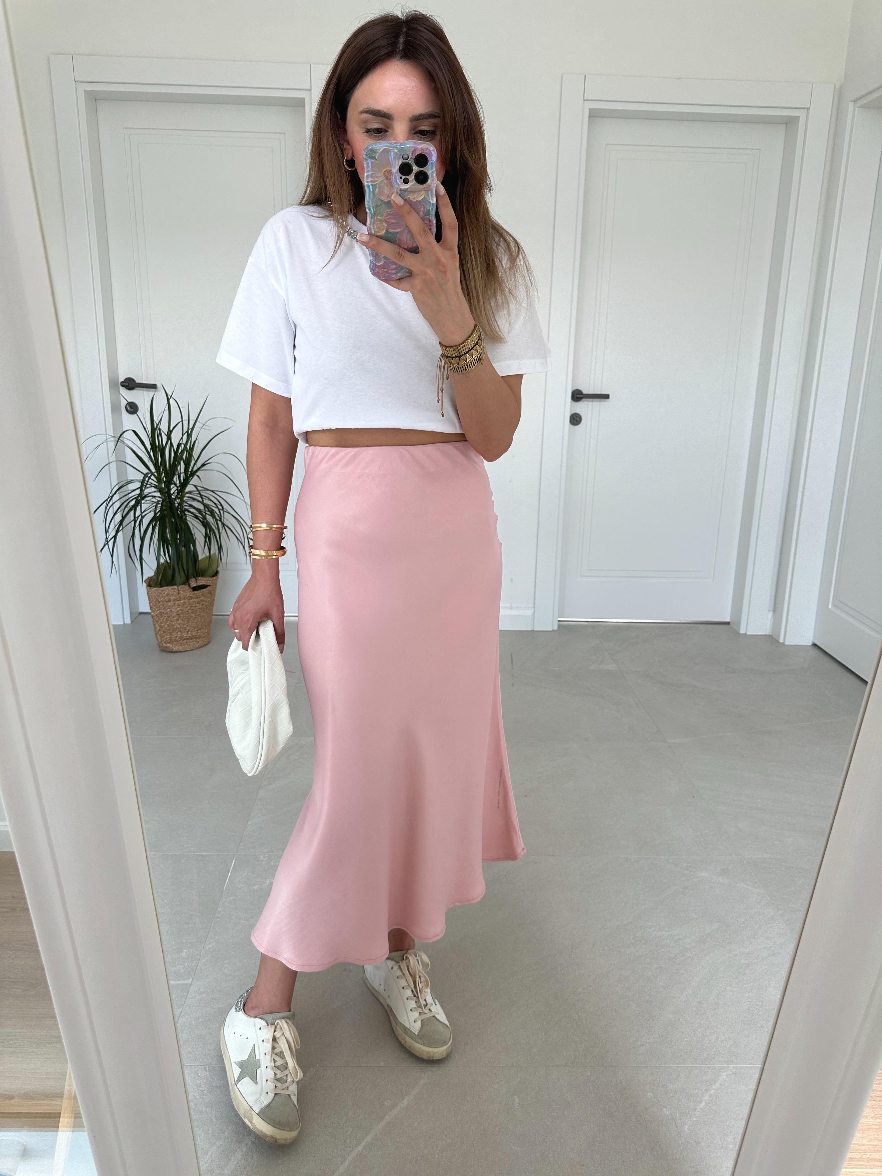PEMBE YÜKSEK BEL SATEN MİDİ ETEK