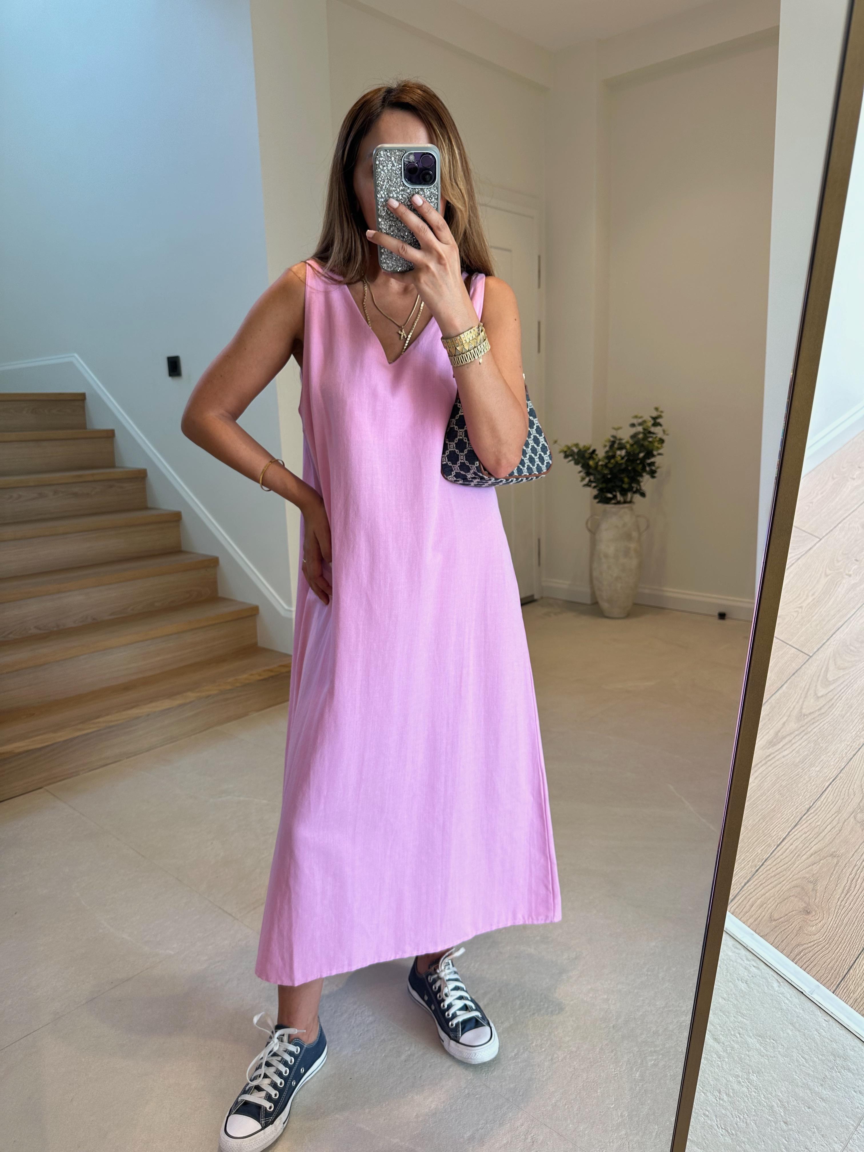Porto Pembe V Yaka Keten Dokulu  %100 Pamuk Elbise