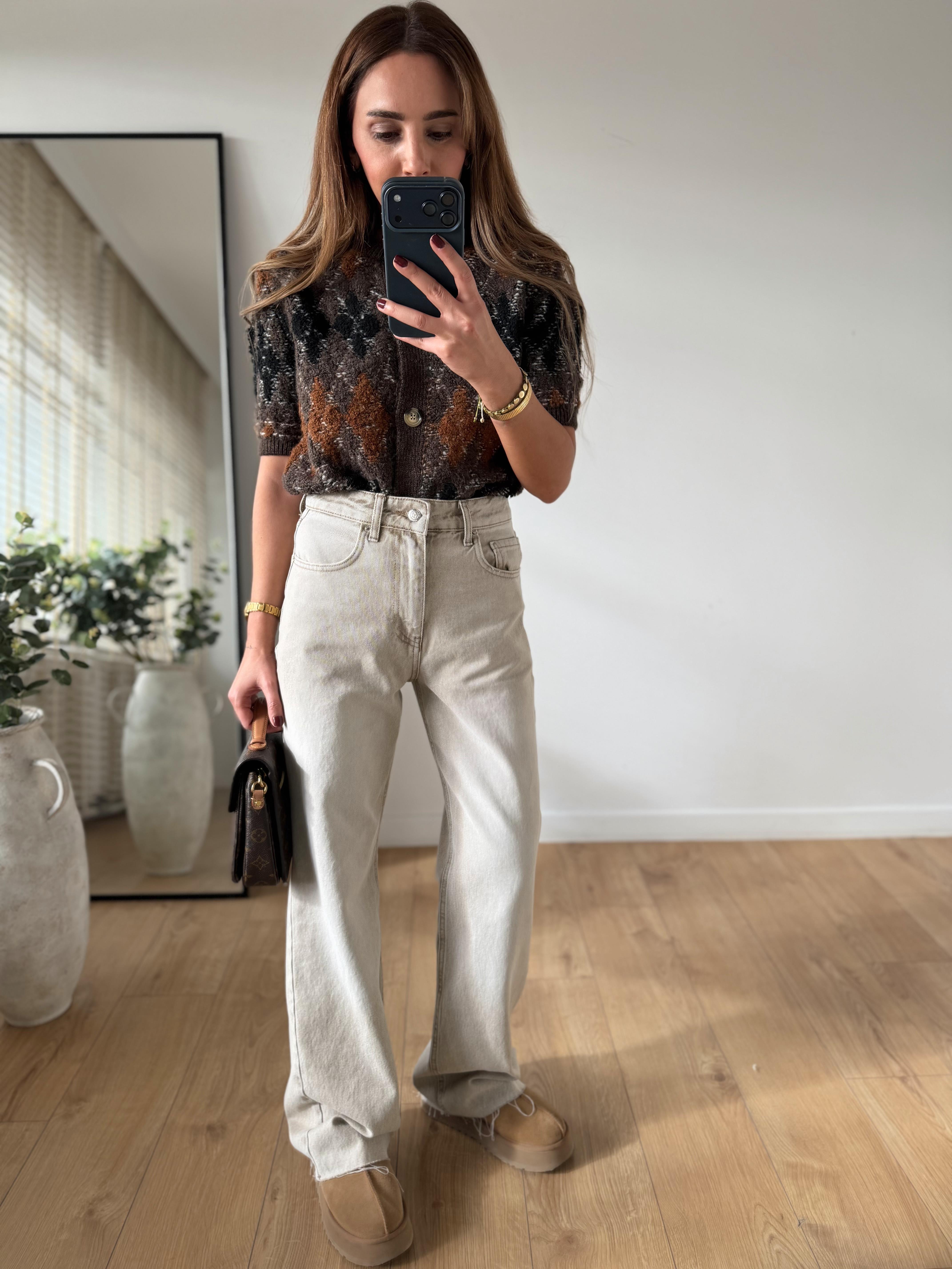 RM1010 Bej Yıkamalı Wide Leg Jean