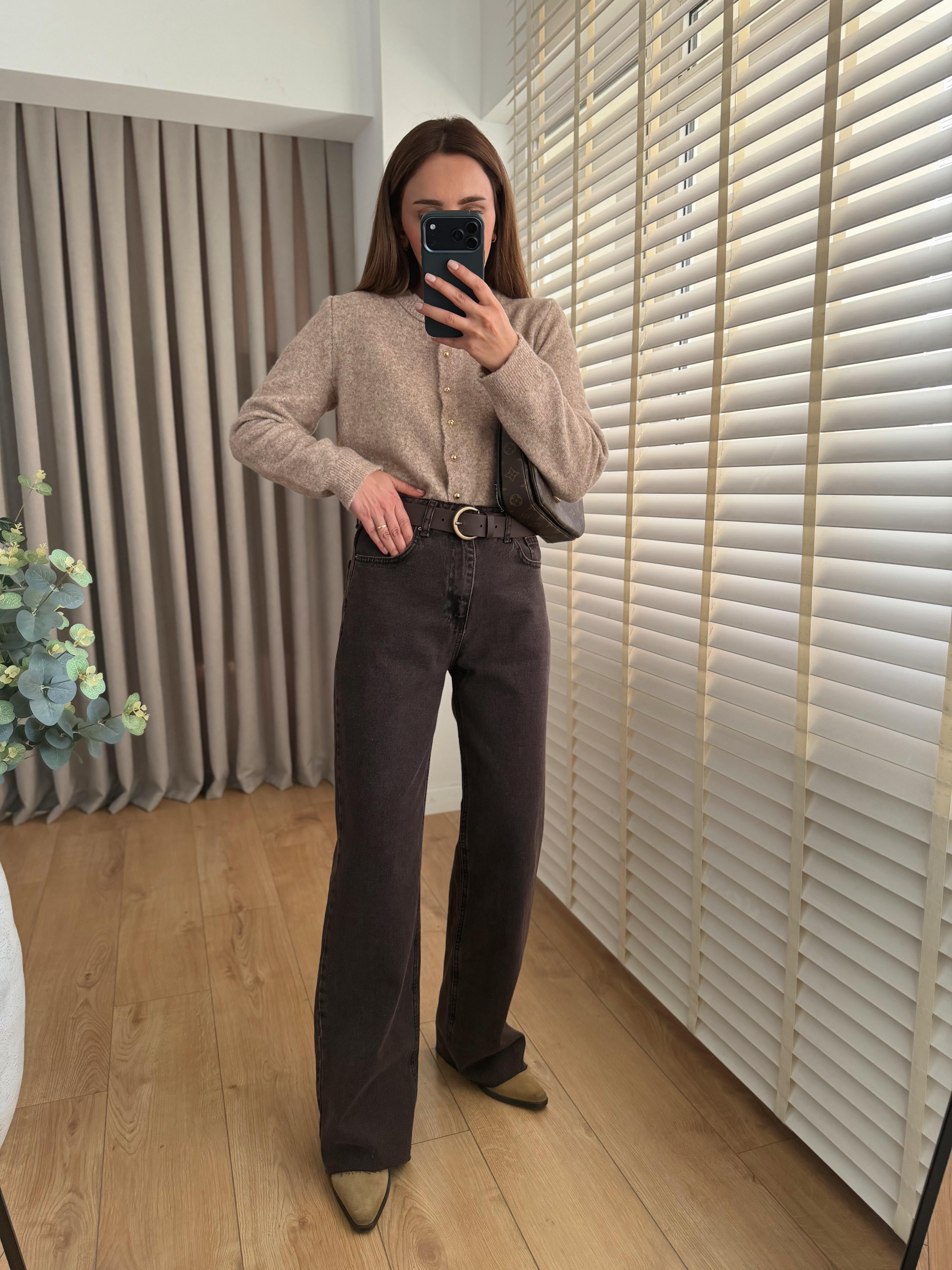 RM1010 Kahve Yıkamalı Wide Leg Jean