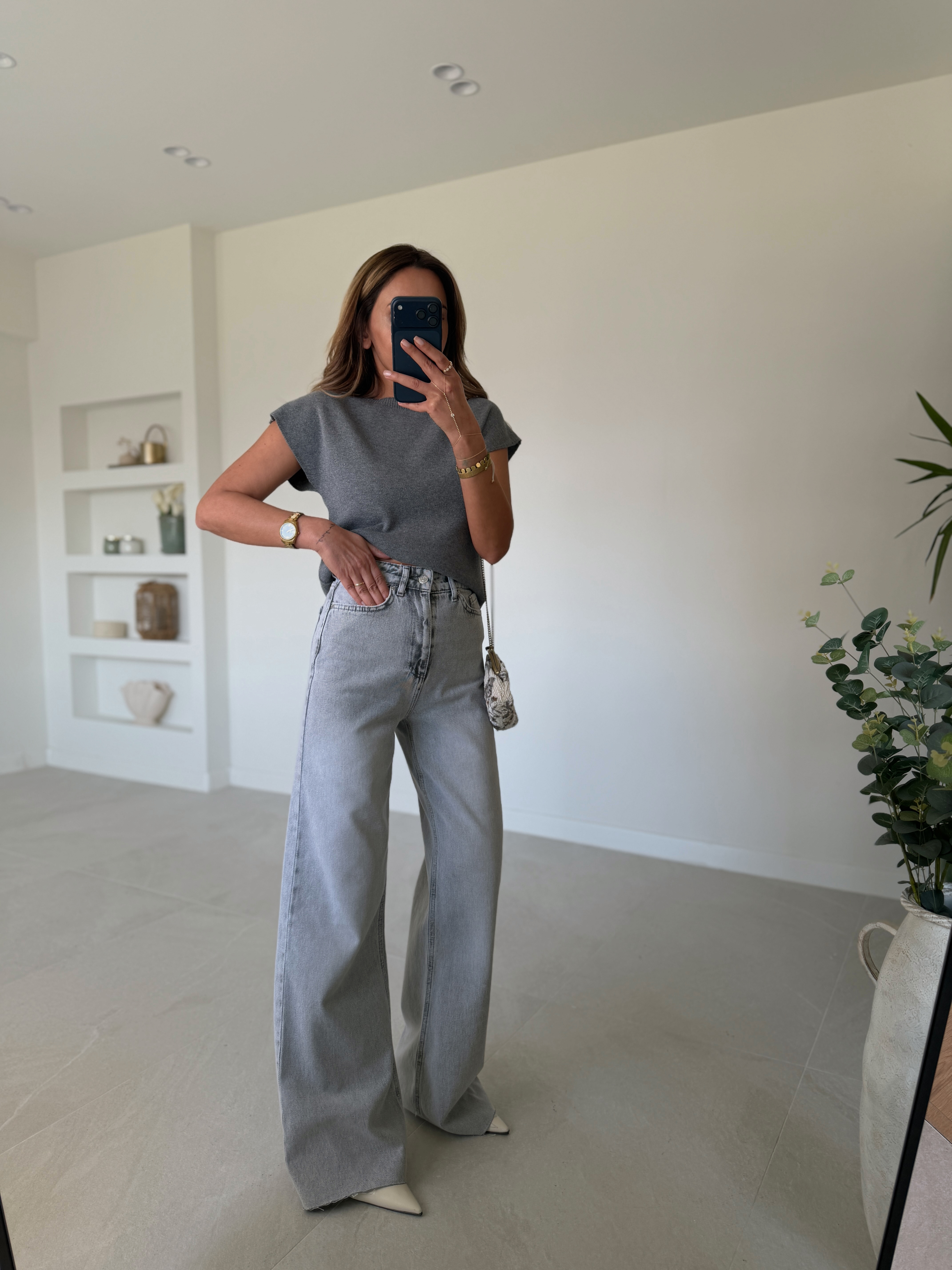 RM1011 Açık Gri Wide Leg Jean