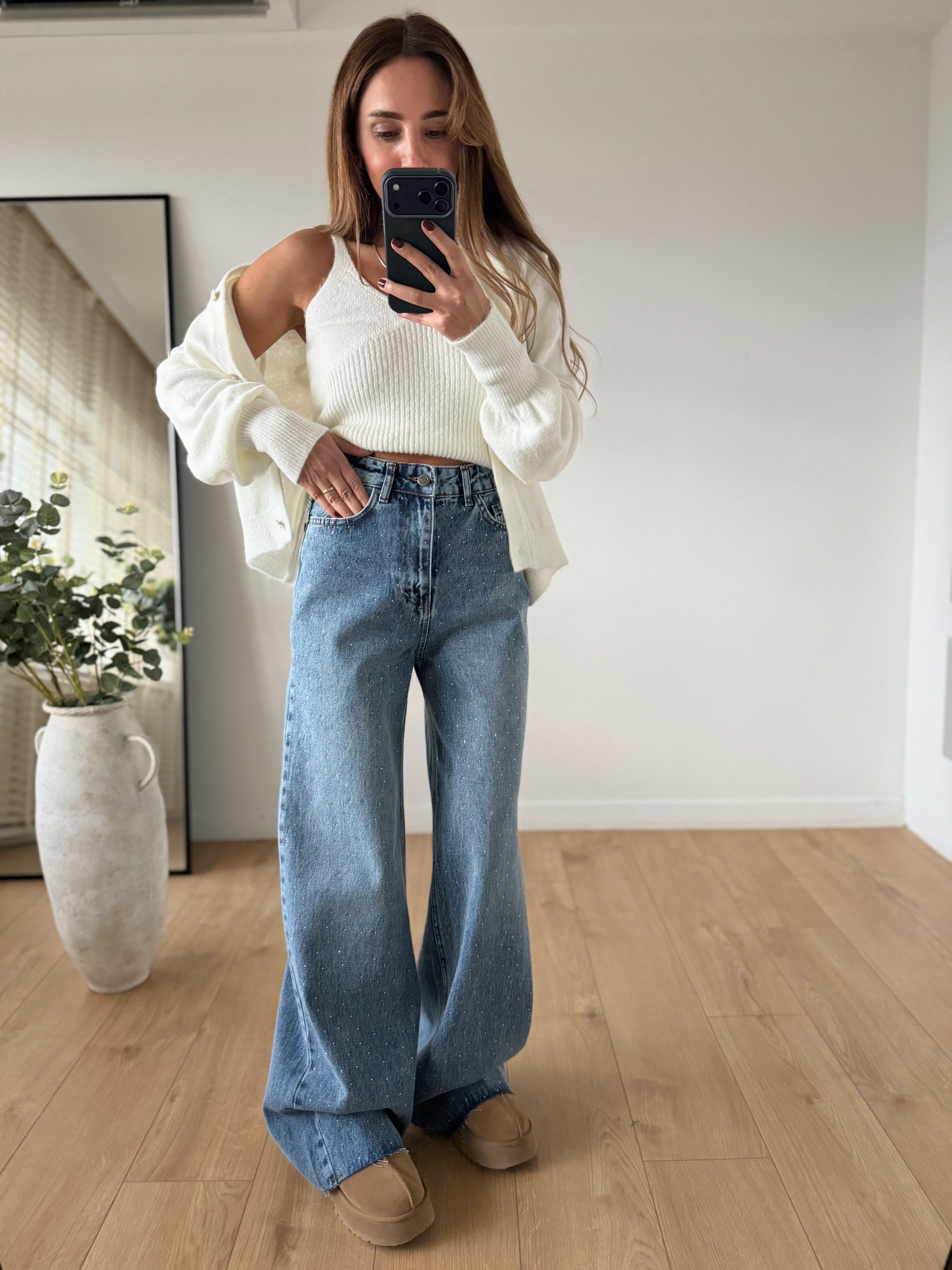 RM1011 Mavi Kar Yıkama Önü Taşlı Wide Leg Jean