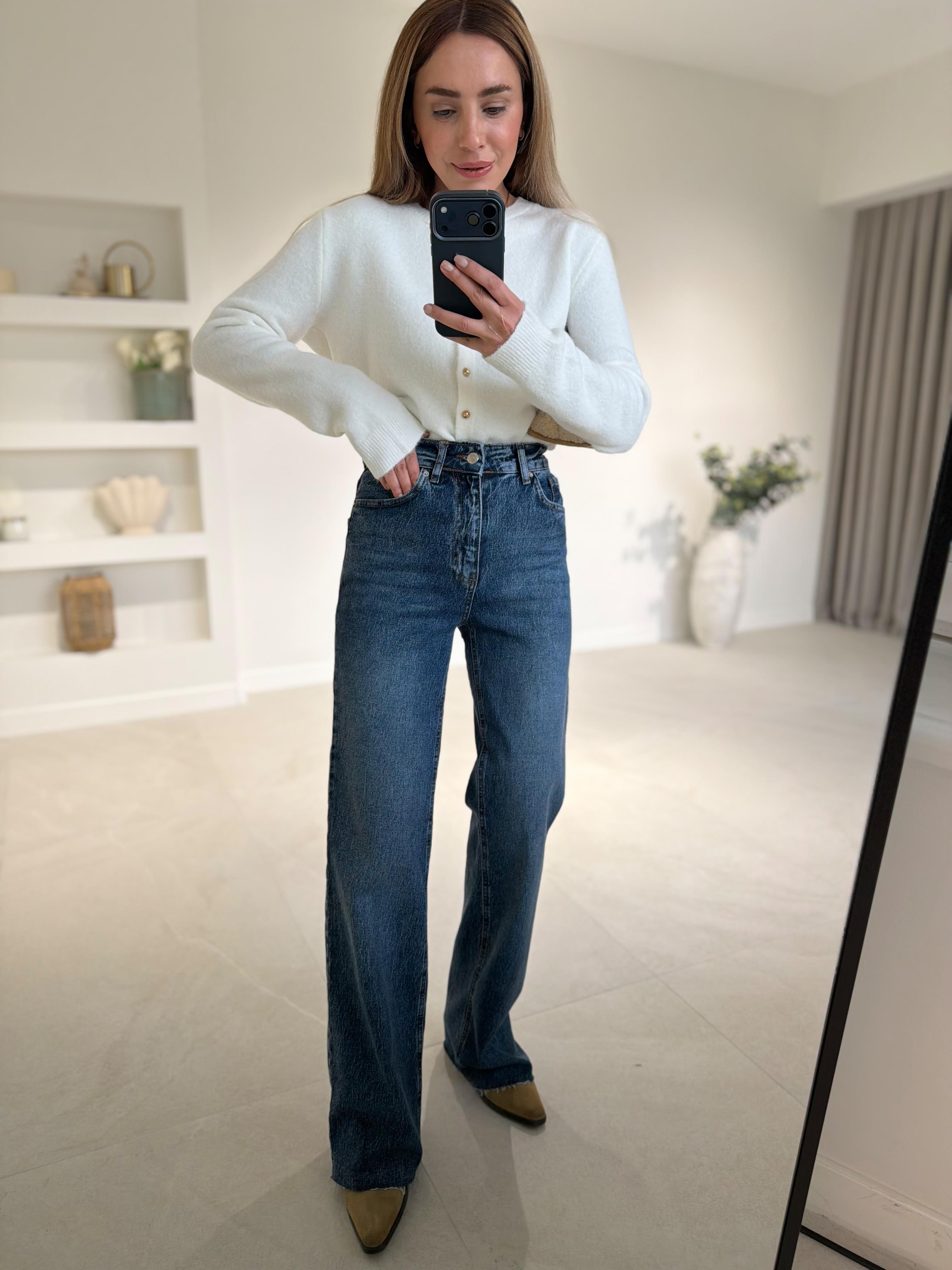 RM1029 Koyu Mavi Kar Yıkama Wide Leg Jean