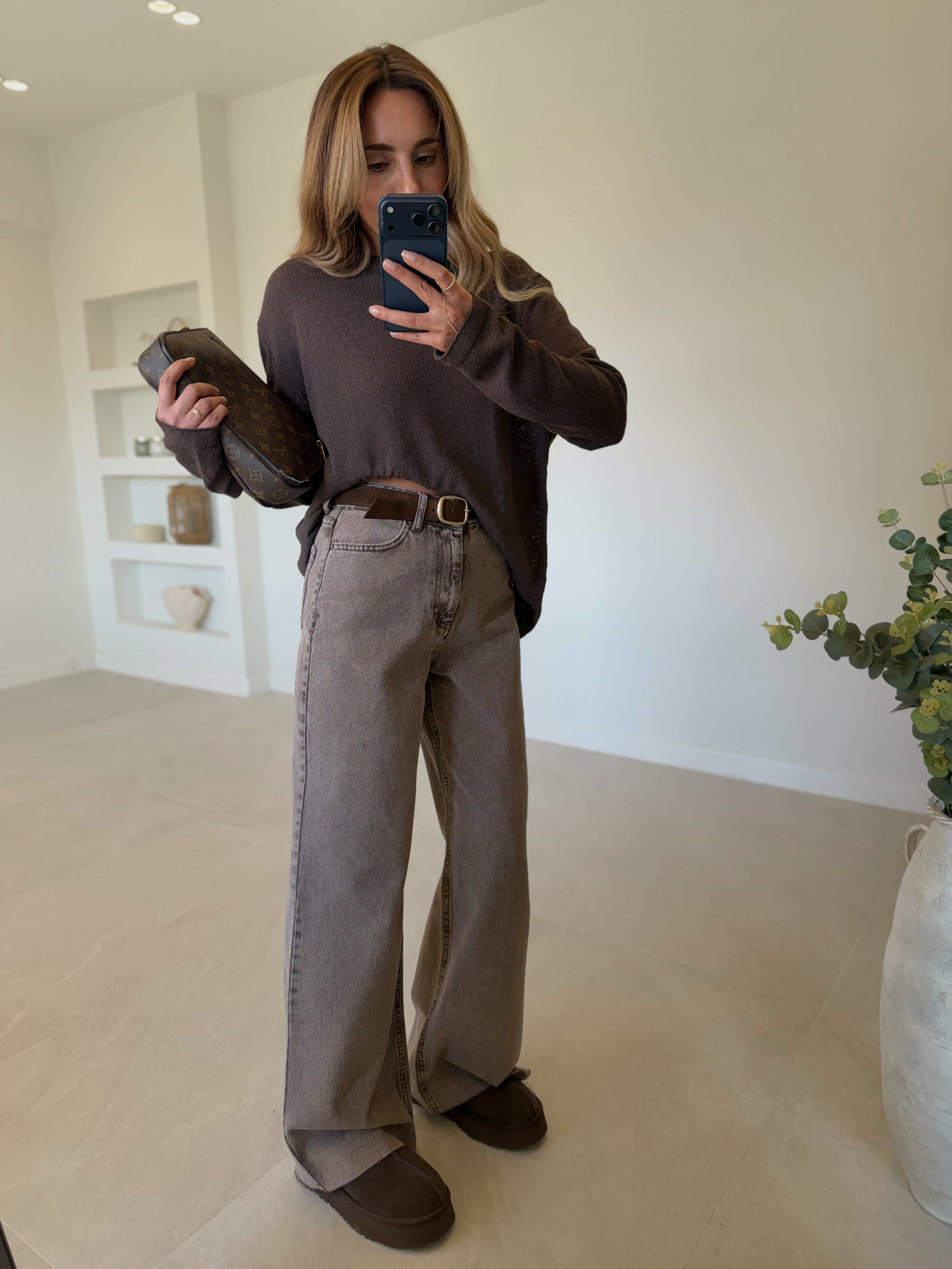 RM1051 Kahve Yıkamalı Kemerli Wide Leg Jean