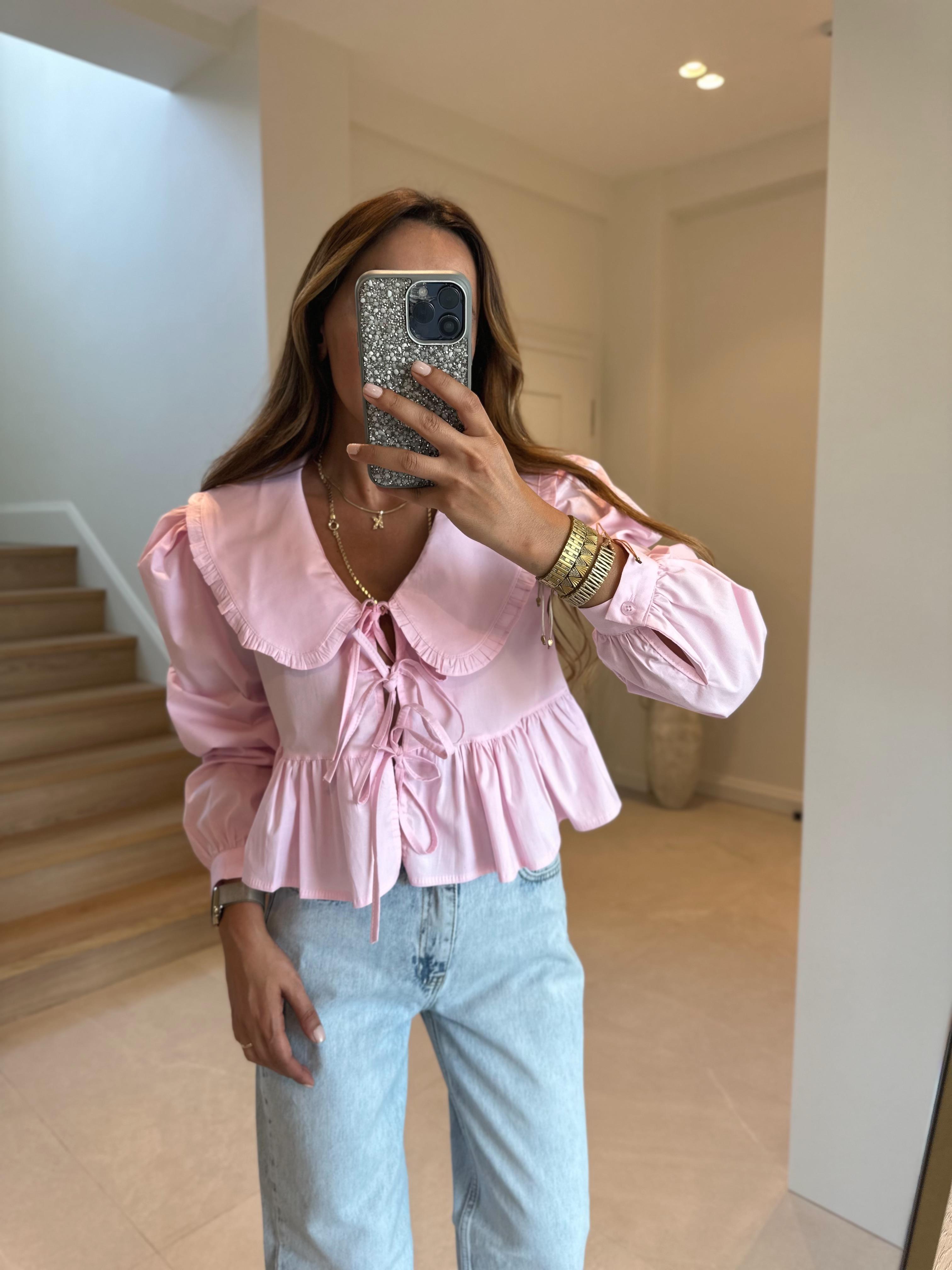 Roe Bebe Yaka Pembe %100 Pamuk Bluz