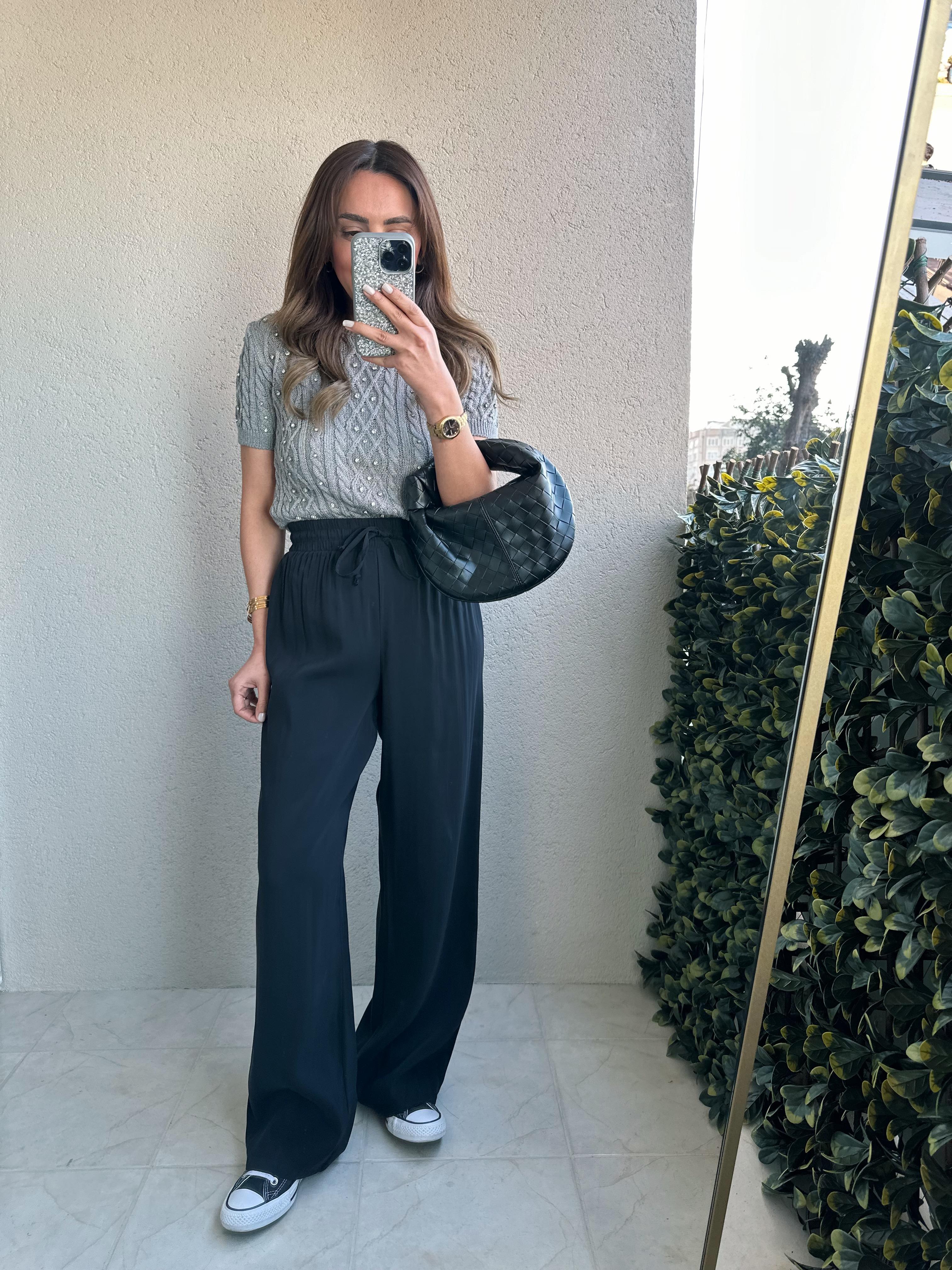 SİYAH BELİ LASTİKLİ TENSEL PANTOLON