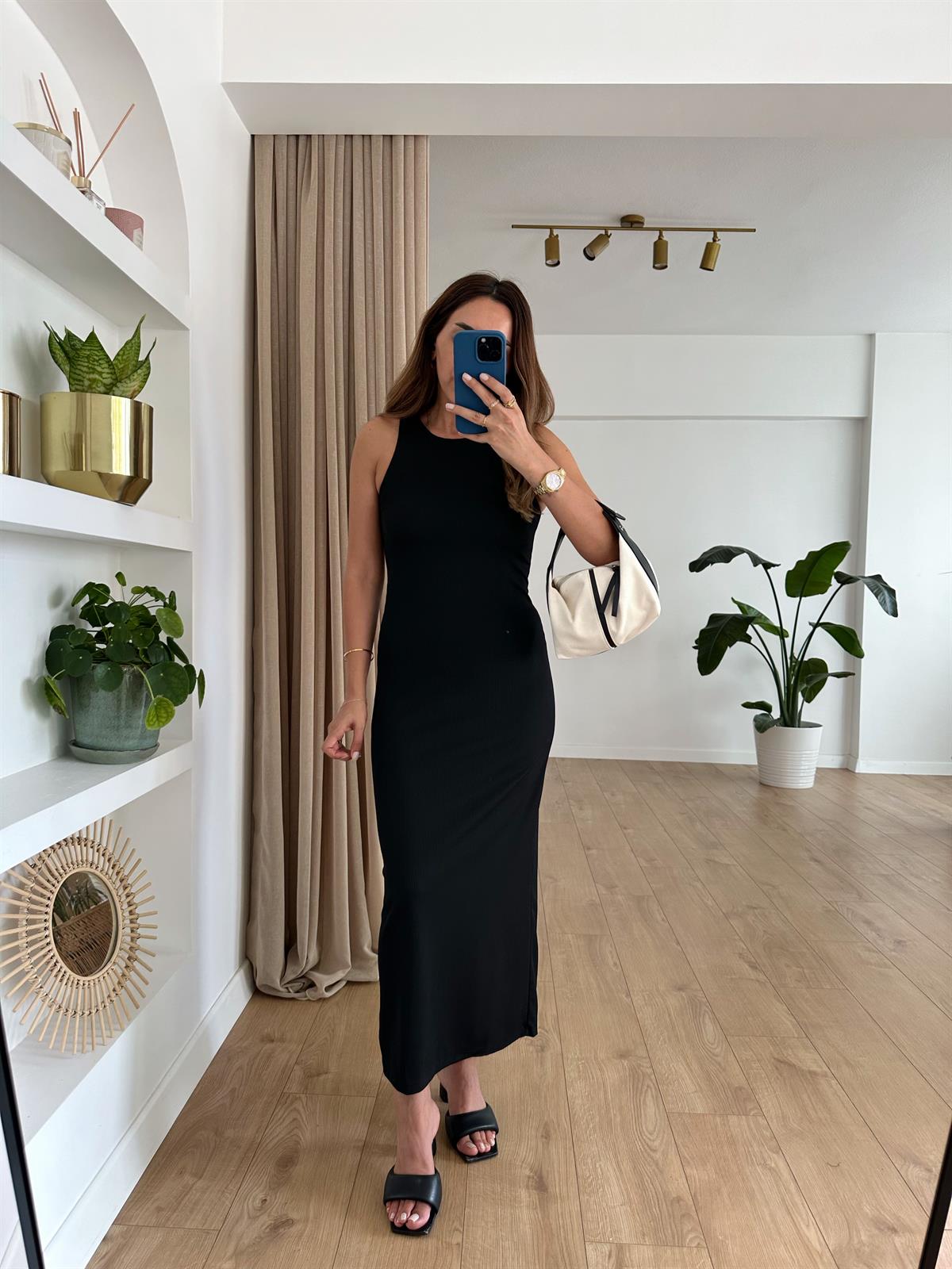 SİYAH HALTER YAKA FİTİLLİ BASIC ELBİSE