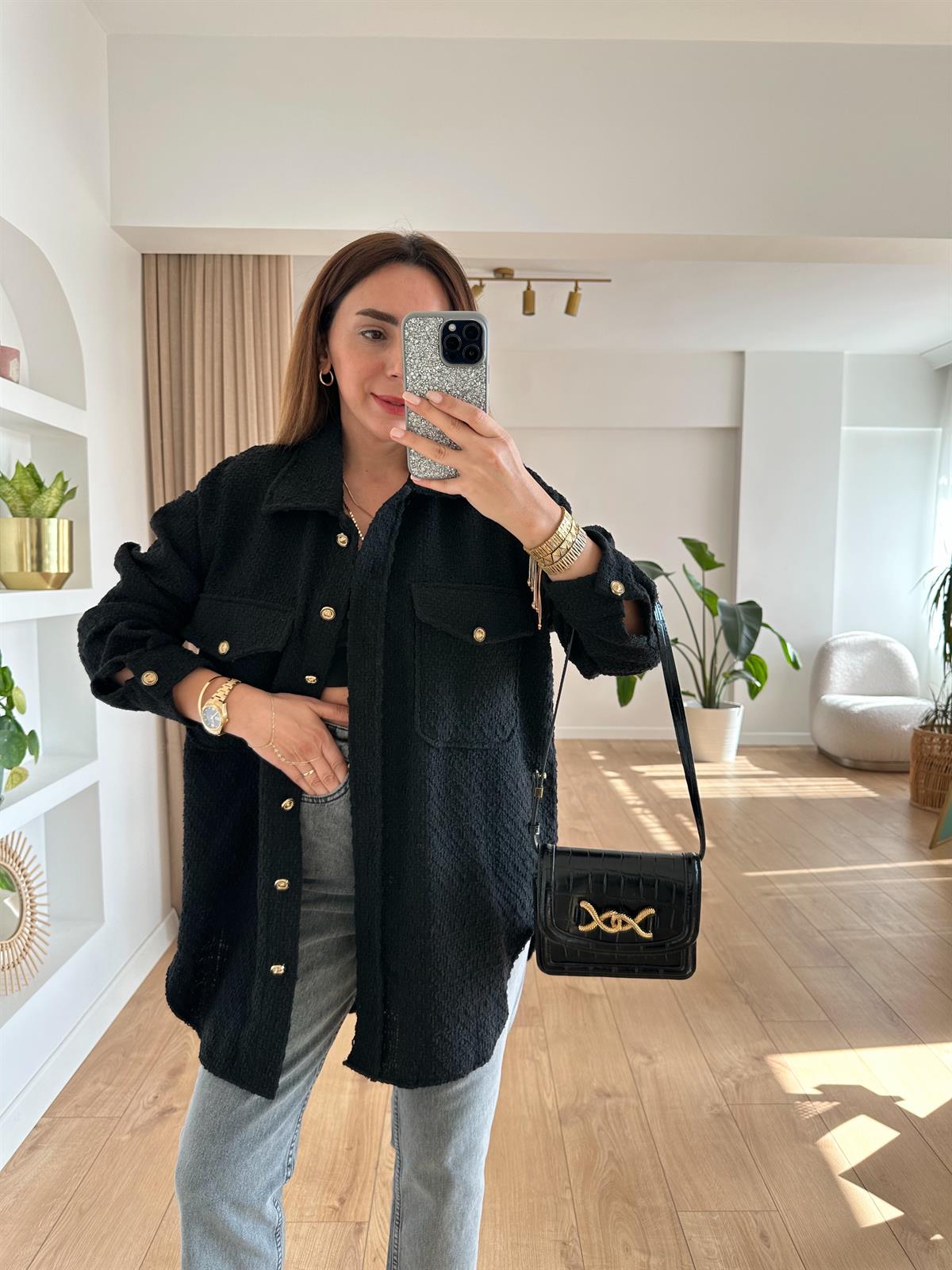 SİYAH TÜVİT KUMAŞ OVERSIZE GÖMLEK