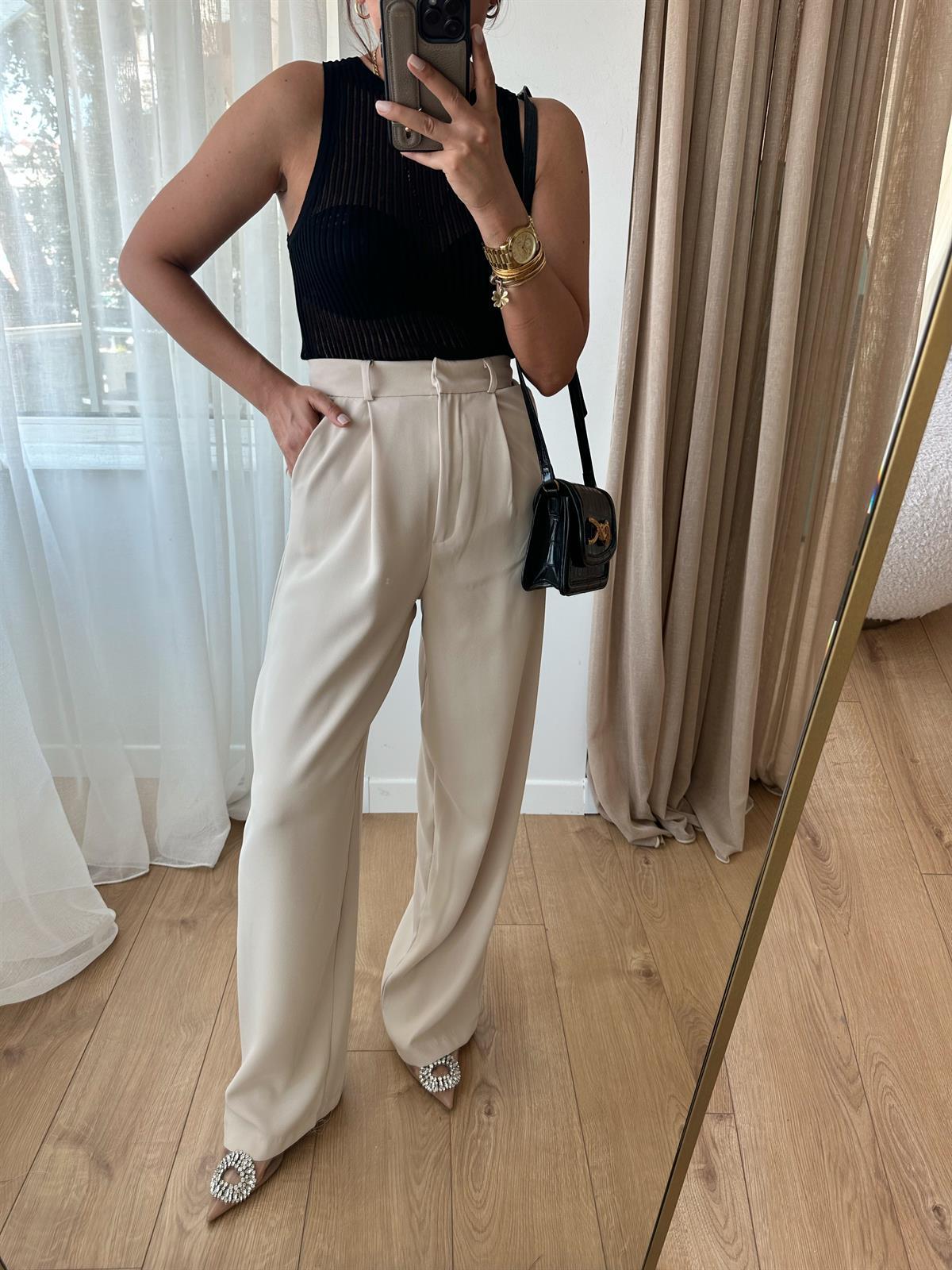 TAŞ RENGİ PREMIUM  KREP KUMAŞ PALAZZO PANTOLON