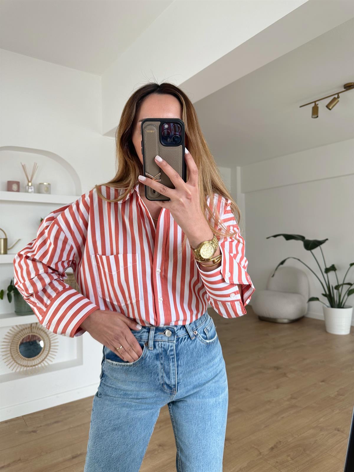 TURUNCU ÇİZGİLİ OVERSIZE GÖMLEK