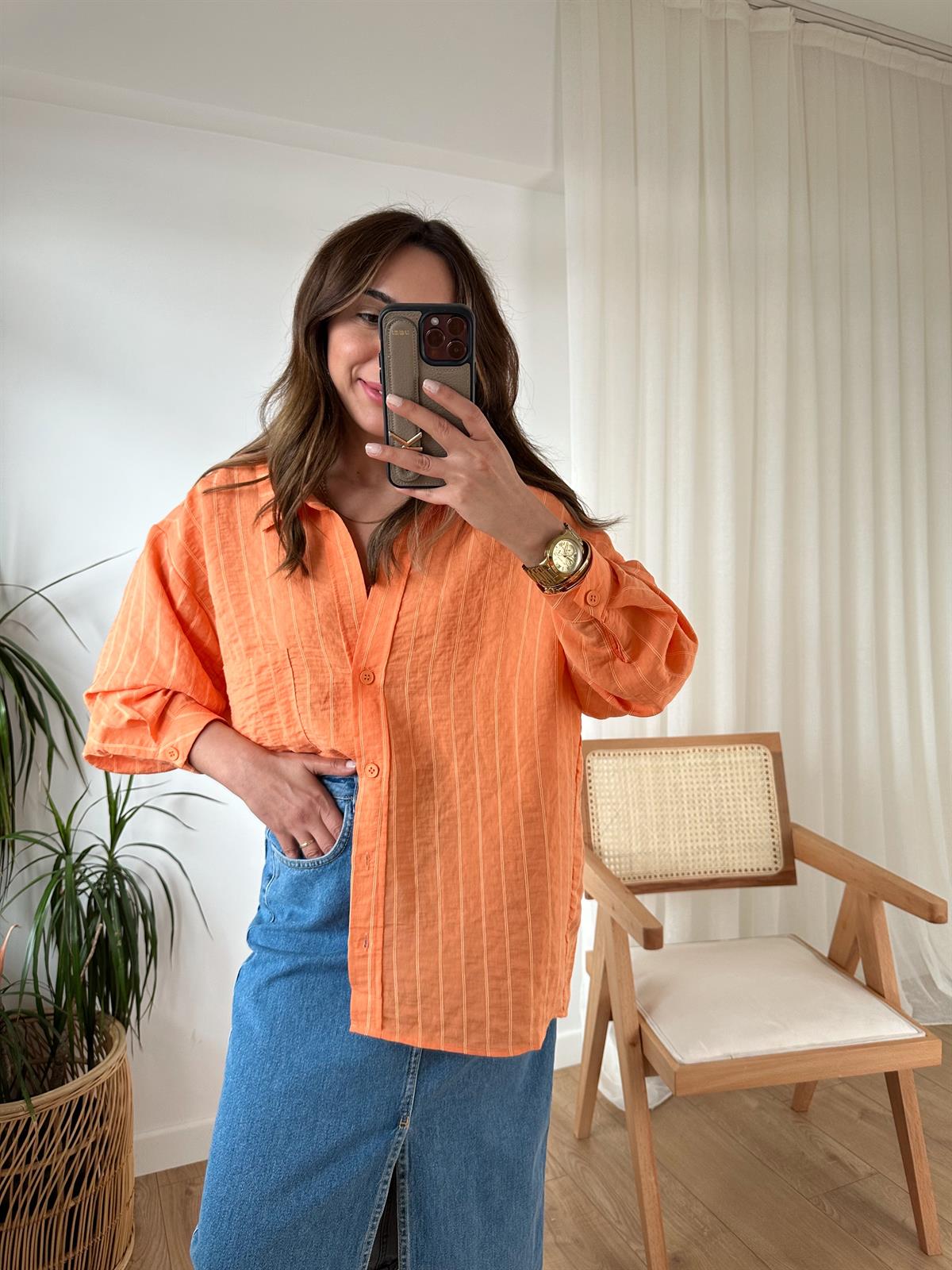 TURUNCU ÇİZGİLİ TENSEL OVERSIZE GÖMLEK