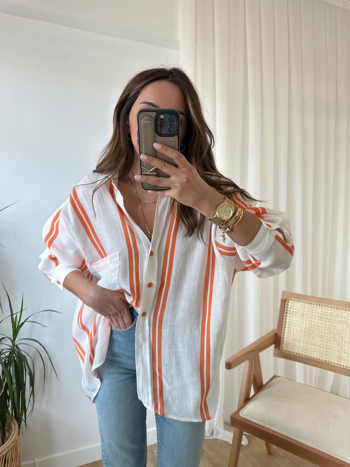 TURUNCU ÇİZGİLİ TENSEL OVERSIZE GÖMLEK