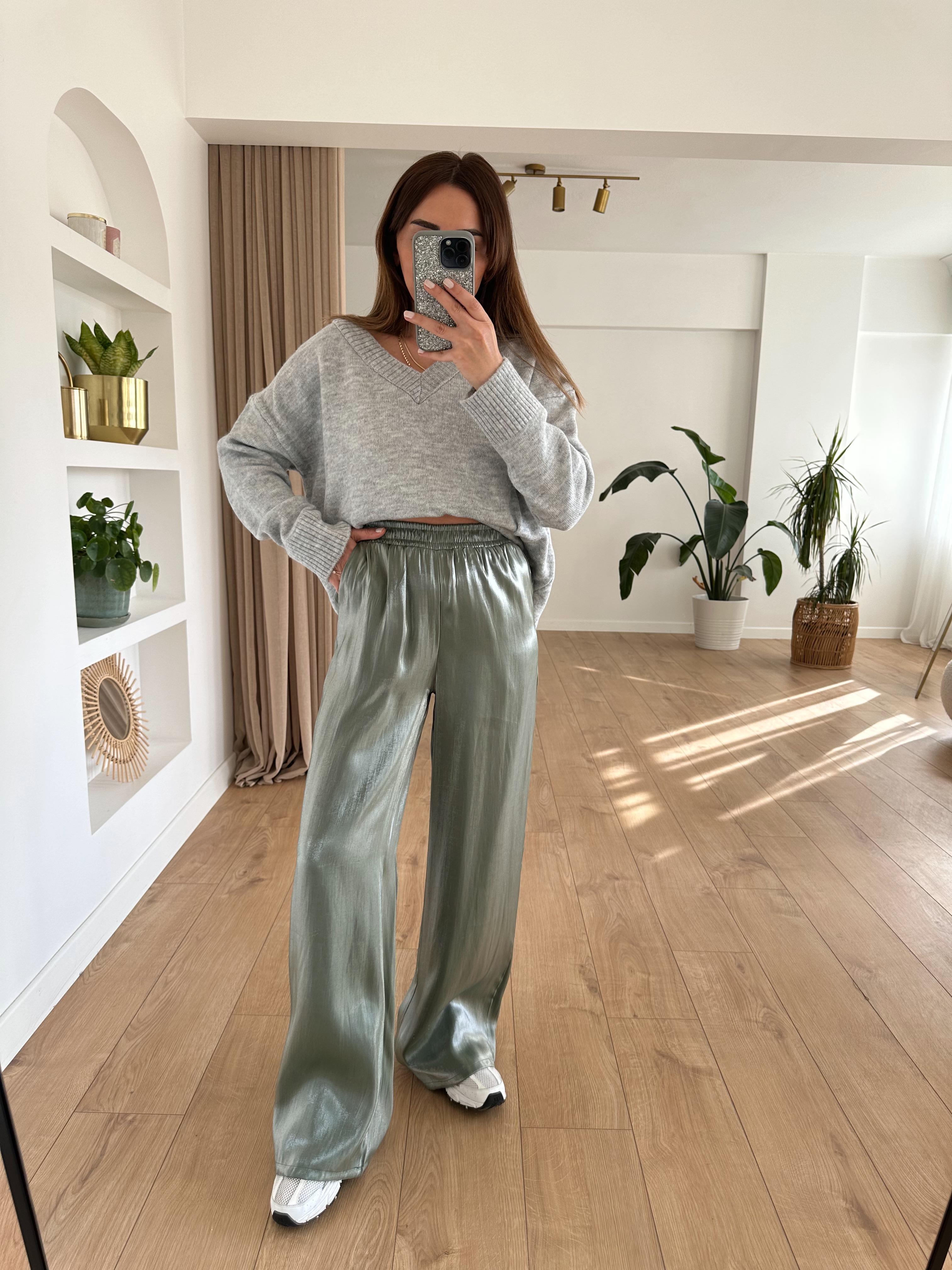 YEŞİL BELİ LASTİKLİ PARLAK PANTOLON