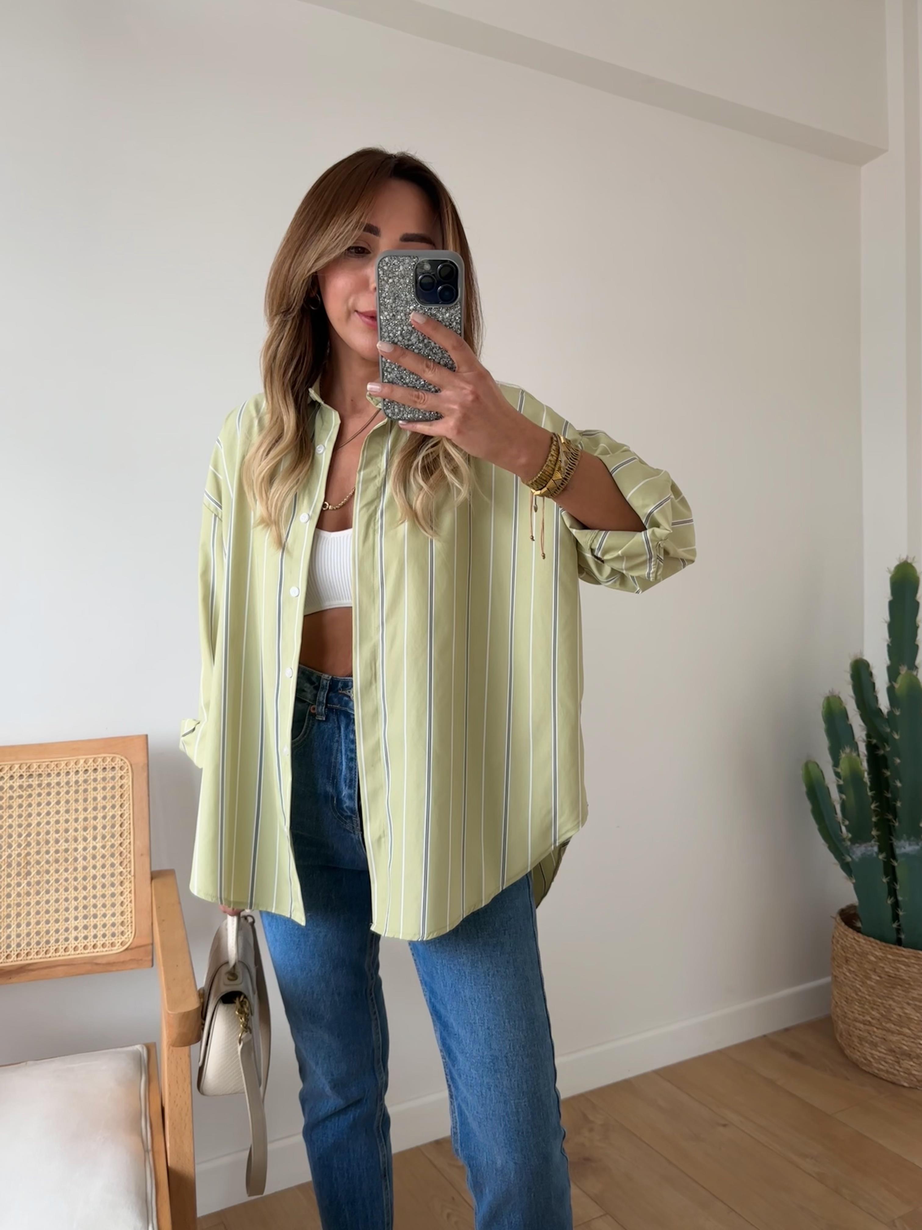 YEŞİL ÇİZGİLİ POPLİN OVERSIZE GÖMLEK