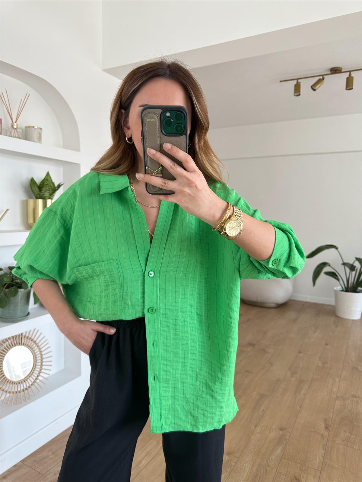 YEŞİL ÇİZGİLİ TENSEL OVERSIZE GÖMLEK