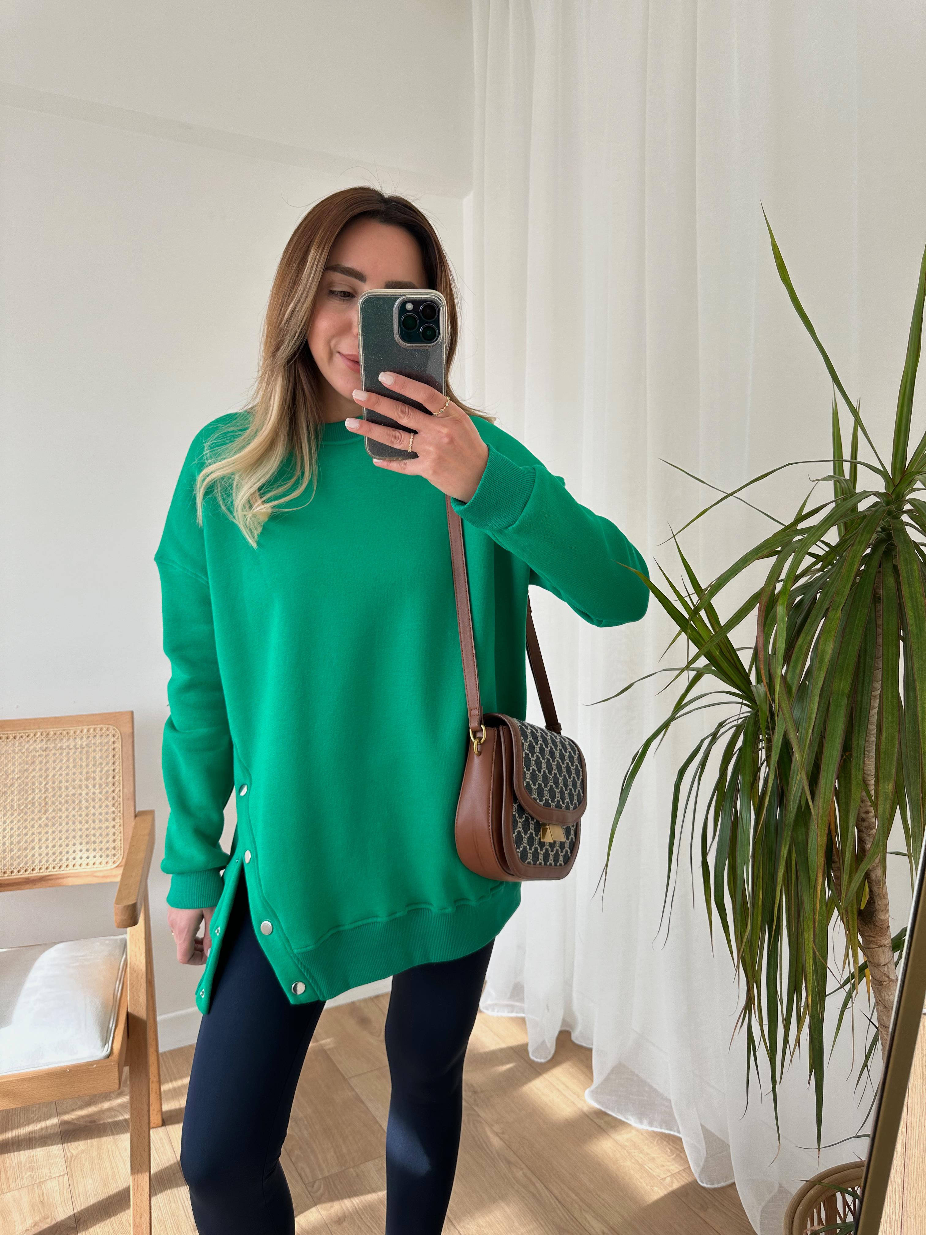 YEŞİL OVERSIZE ÇITÇITLI KALIN SWEAT