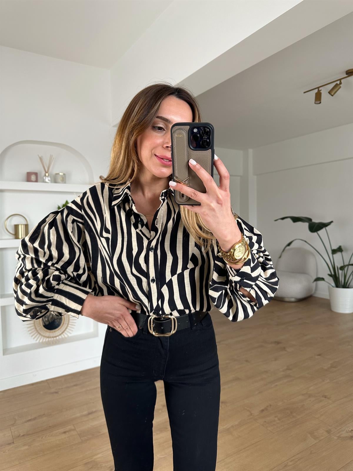 ZEBRA DESENLİ KETEN GÖMLEK