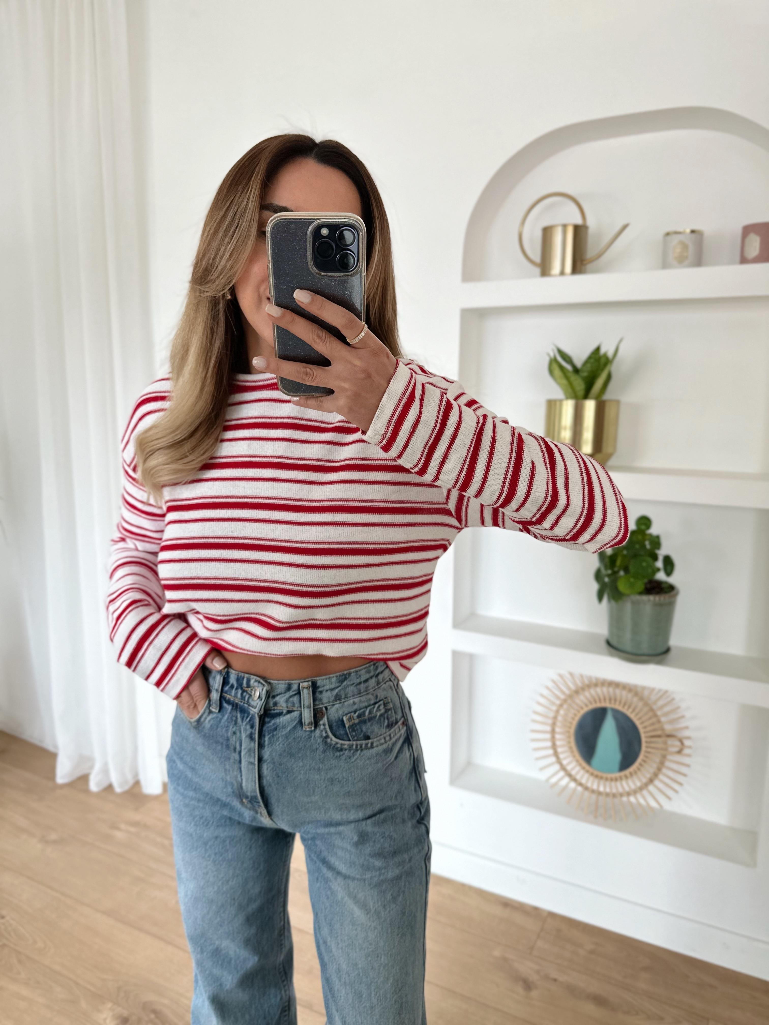 ZR KIRMIZI EKRU ÇİZGİLİ İNCE SWEAT