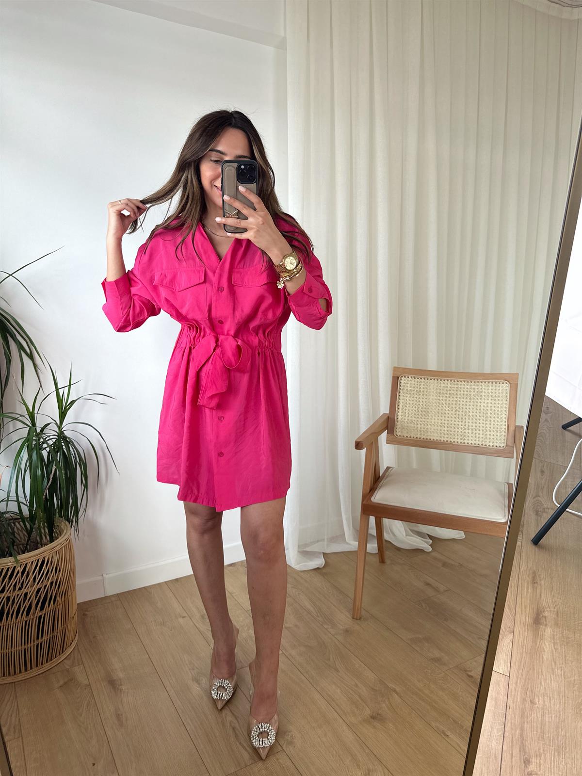 Zr Pembe Tensel Bel Büzgülü Elbise · 5