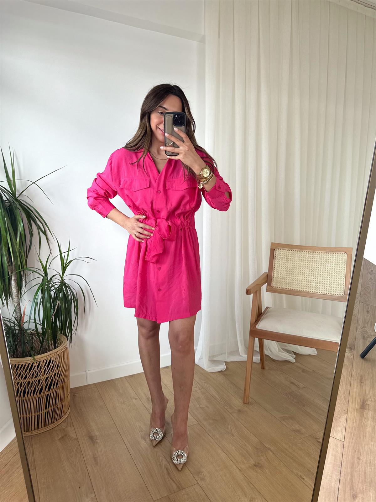 Zr Pembe Tensel Bel Büzgülü Elbise · 4