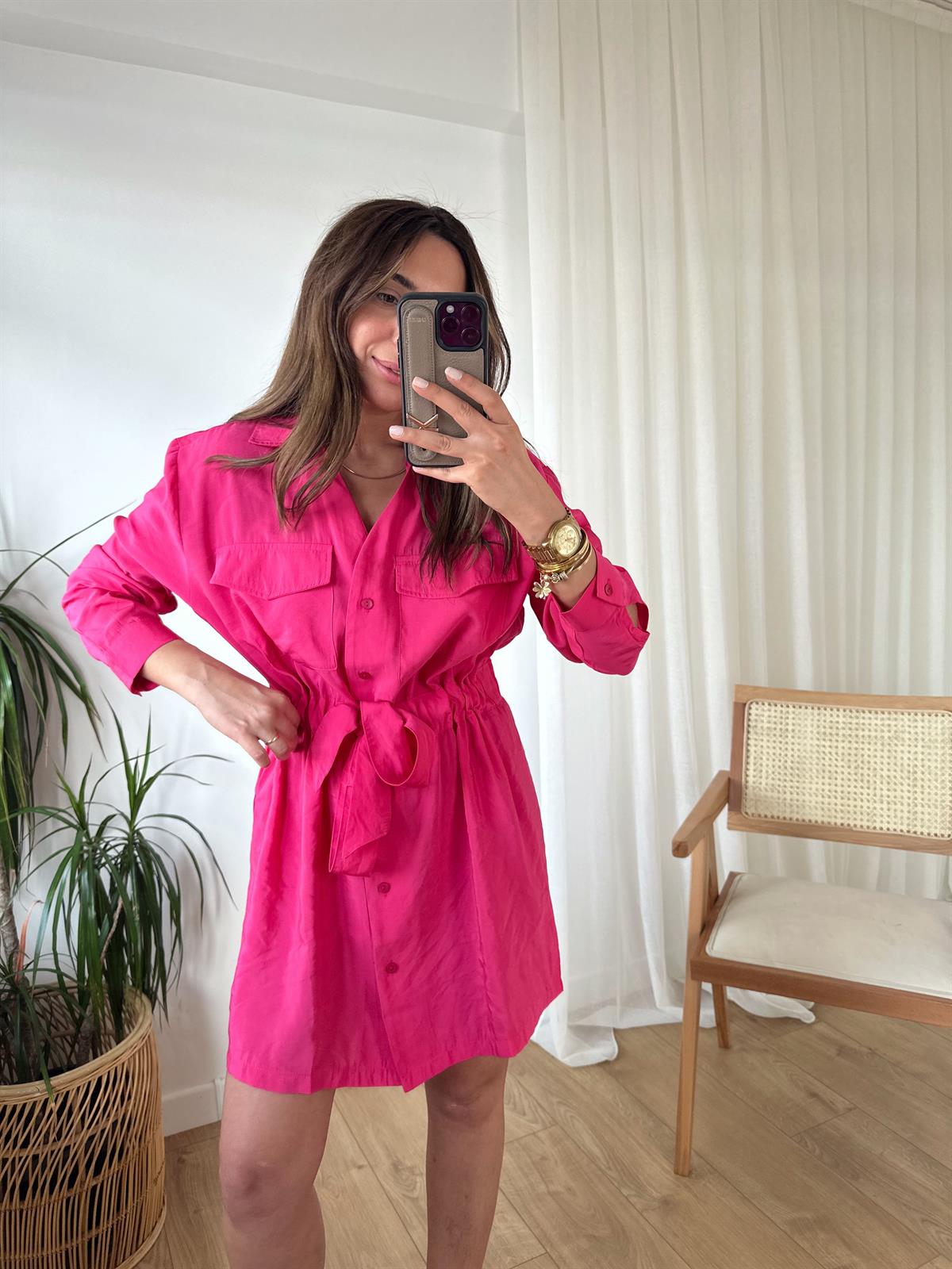 ZR PEMBE TENSEL BEL BÜZGÜLÜ ELBİSE