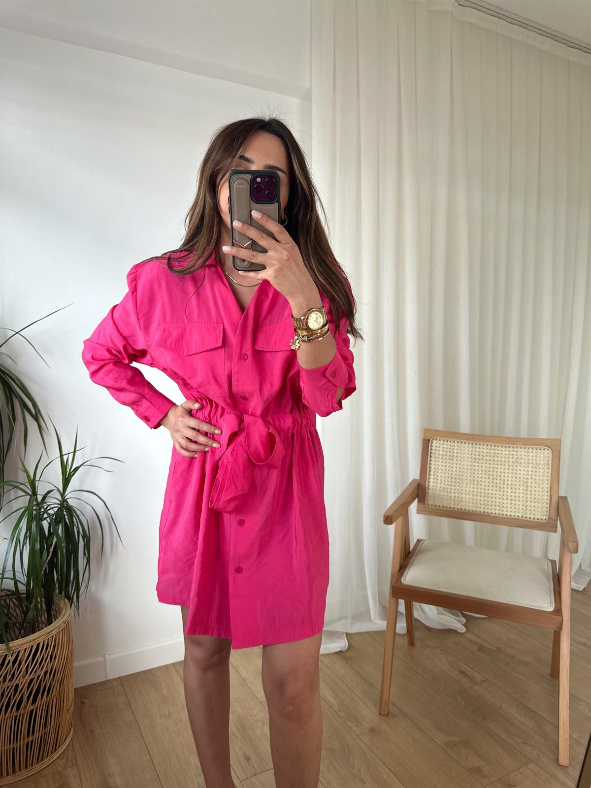 Zr Pembe Tensel Bel Büzgülü Elbise · 2