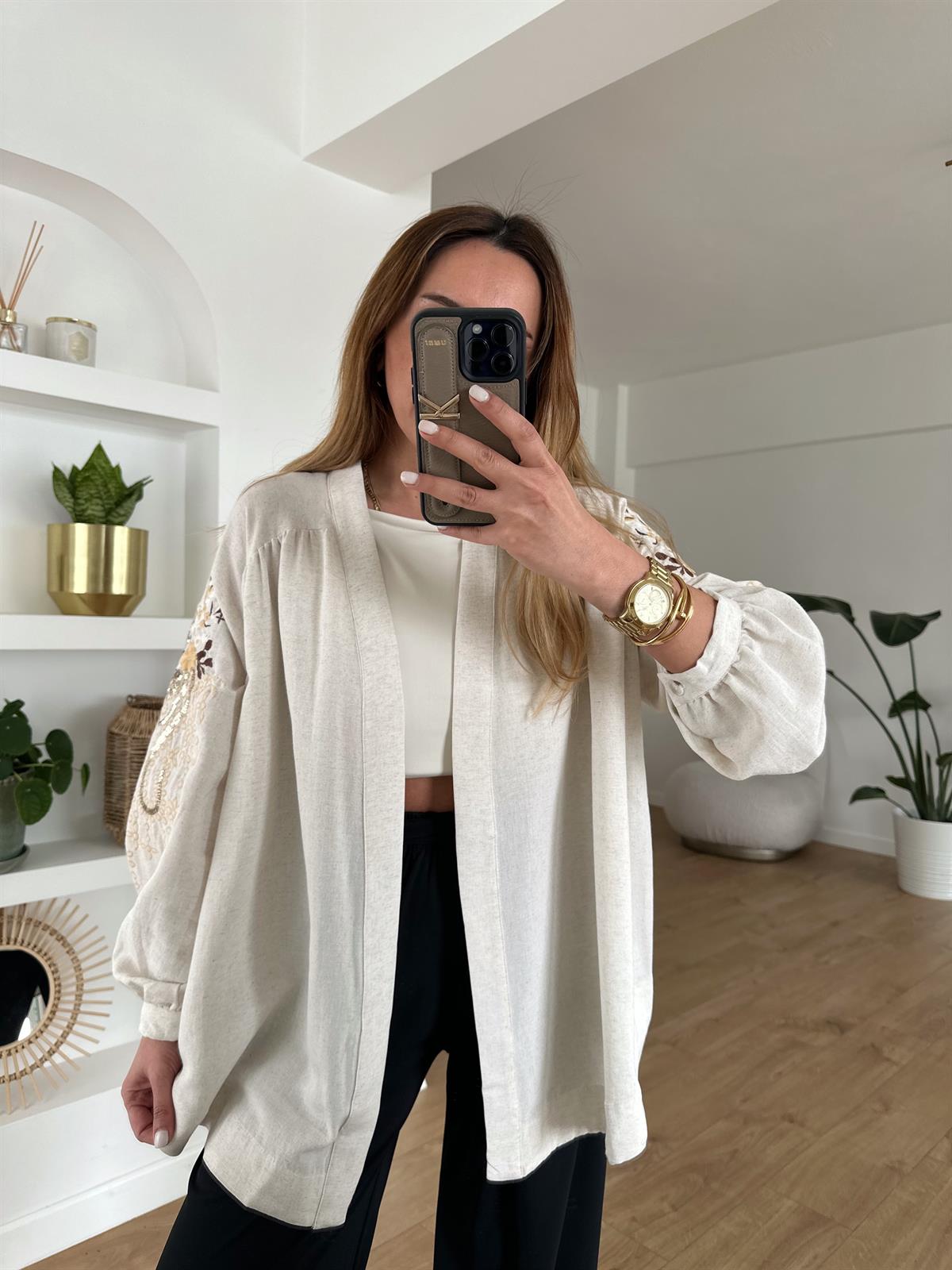 Zr Taş Rengi Nakış Ve Pul Detaylı Kimono · 5