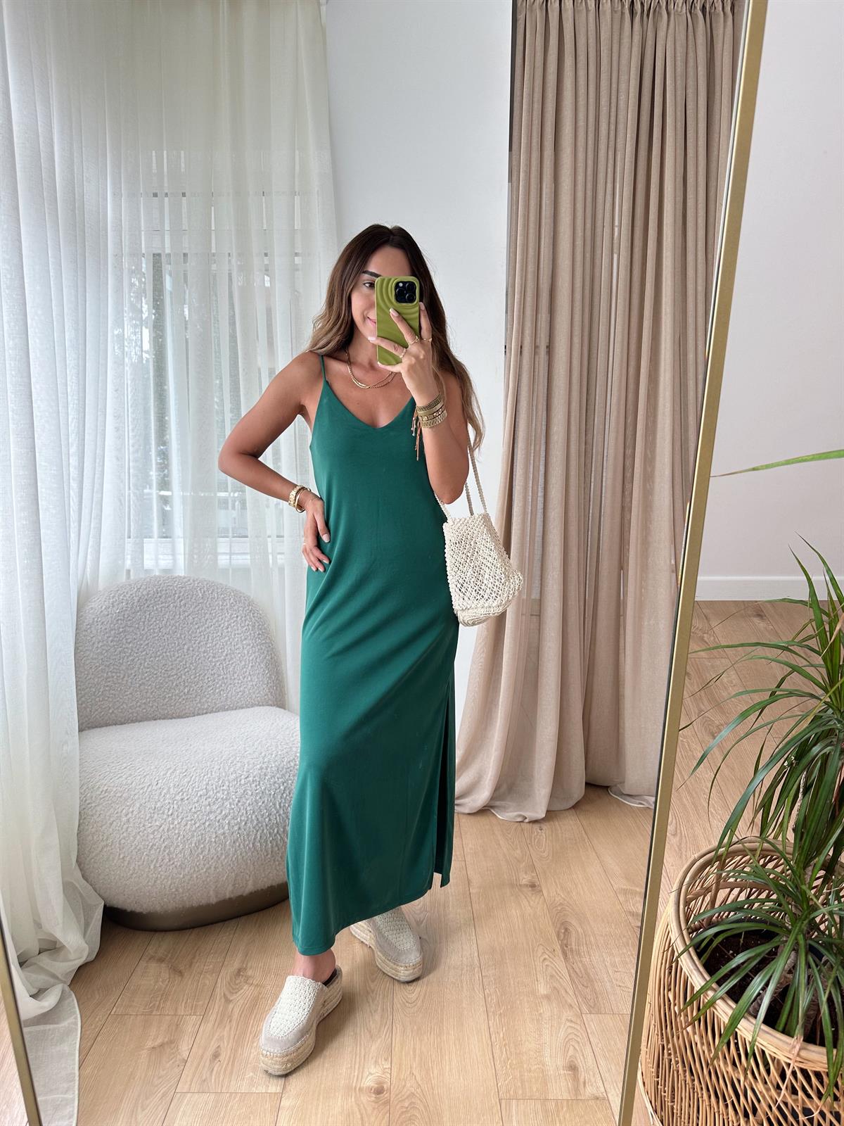 ZÜMRÜT YEŞİLİ ASKILI MODAL KUMAŞ ELBİSE