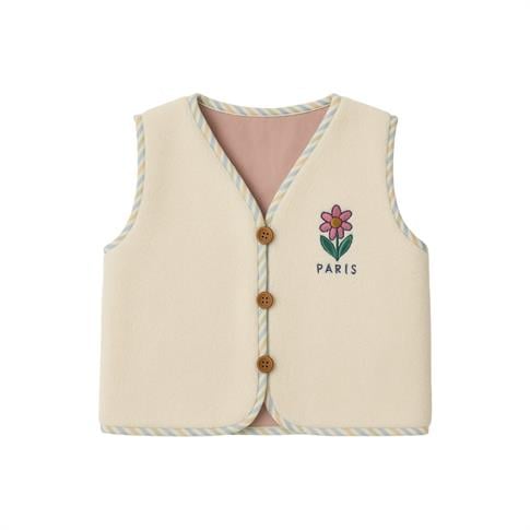 Kiraz Kids Petit Paris Çiçek Nakış Detaylı Peluş Yelek Krem