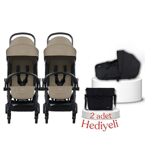 Bumprider Connect³ İkiz Bebek Arabası ve Portbebe Seti – Black & Sand | Yan Bakım Çantası Hediyeli