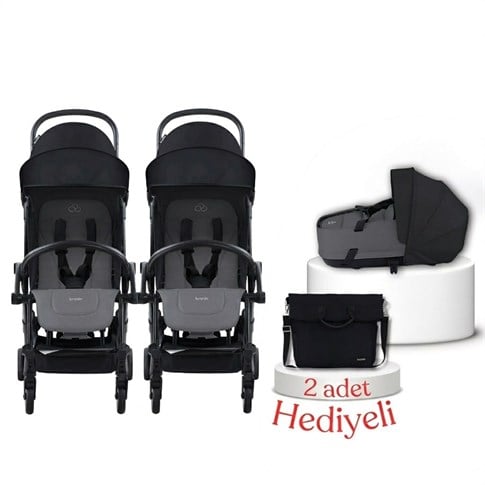 Bumprider Connect³ İkiz Bebek Arabası ve Portbebe Seti – Black & Grey Melange | Yan Bakım Çantası Hediyeli