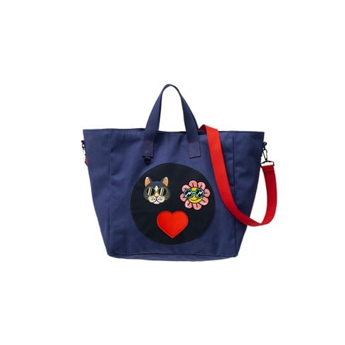 JantiFox Lacivert Kanvas Tote Bag | Kedi - Çiçek - Kalp 