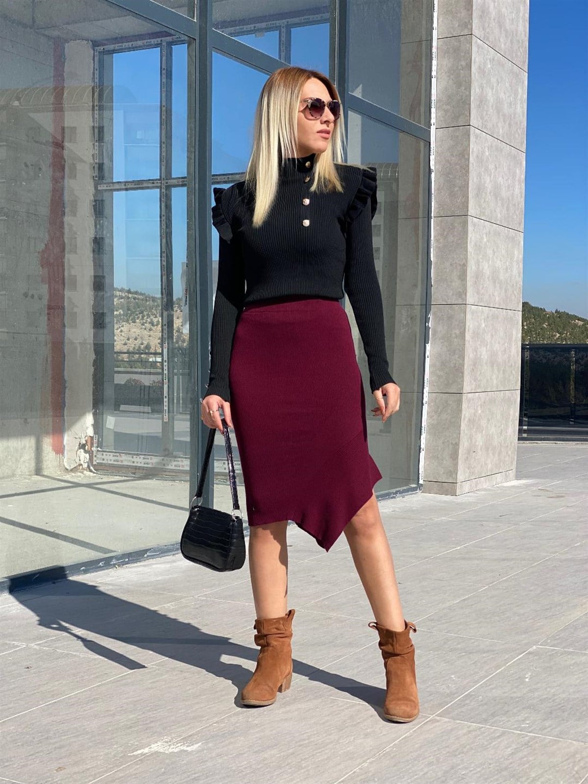 Asimetrik Triko Etek Bordo