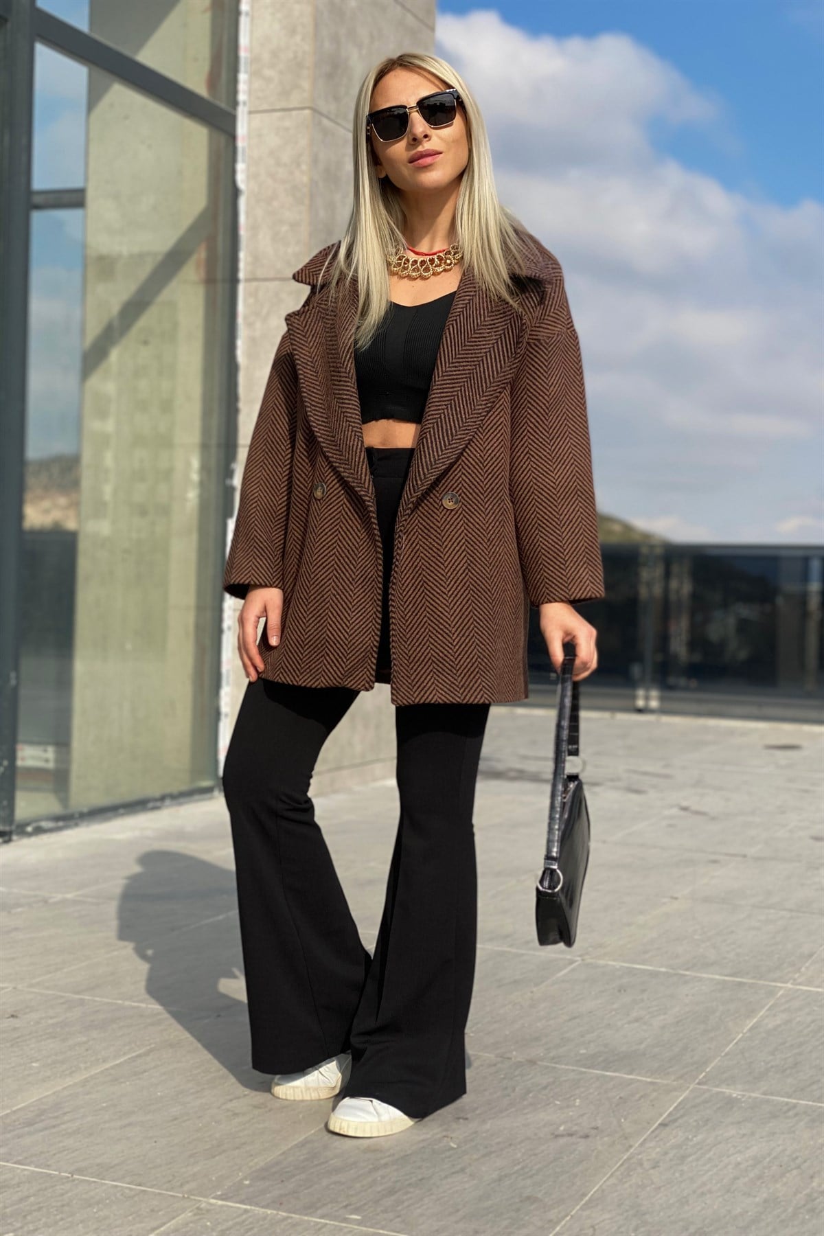 Balık Sırtı Kaşe Kaban Kahve