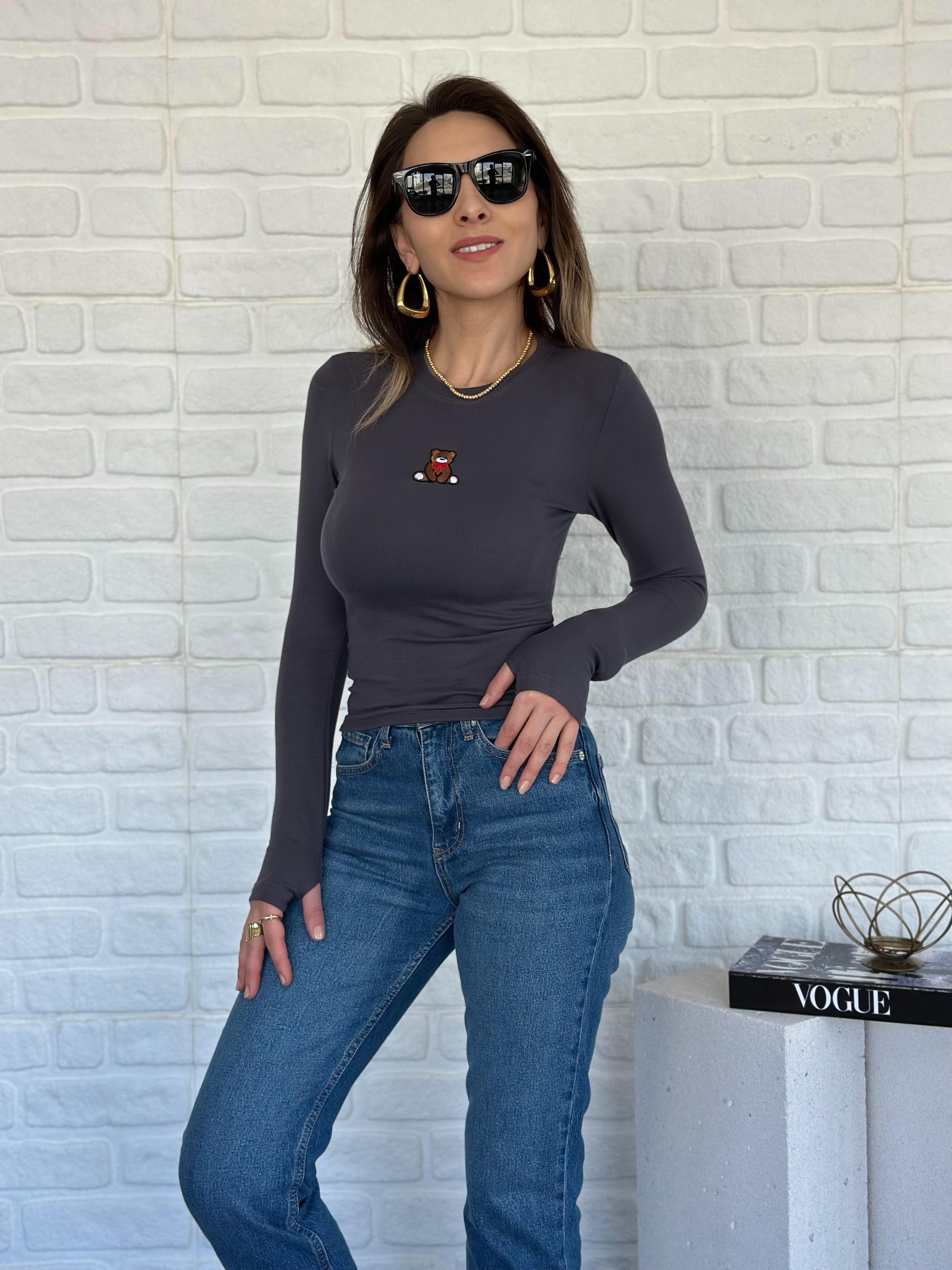 Bisiklet Yaka İşlemeli Bluz Gri