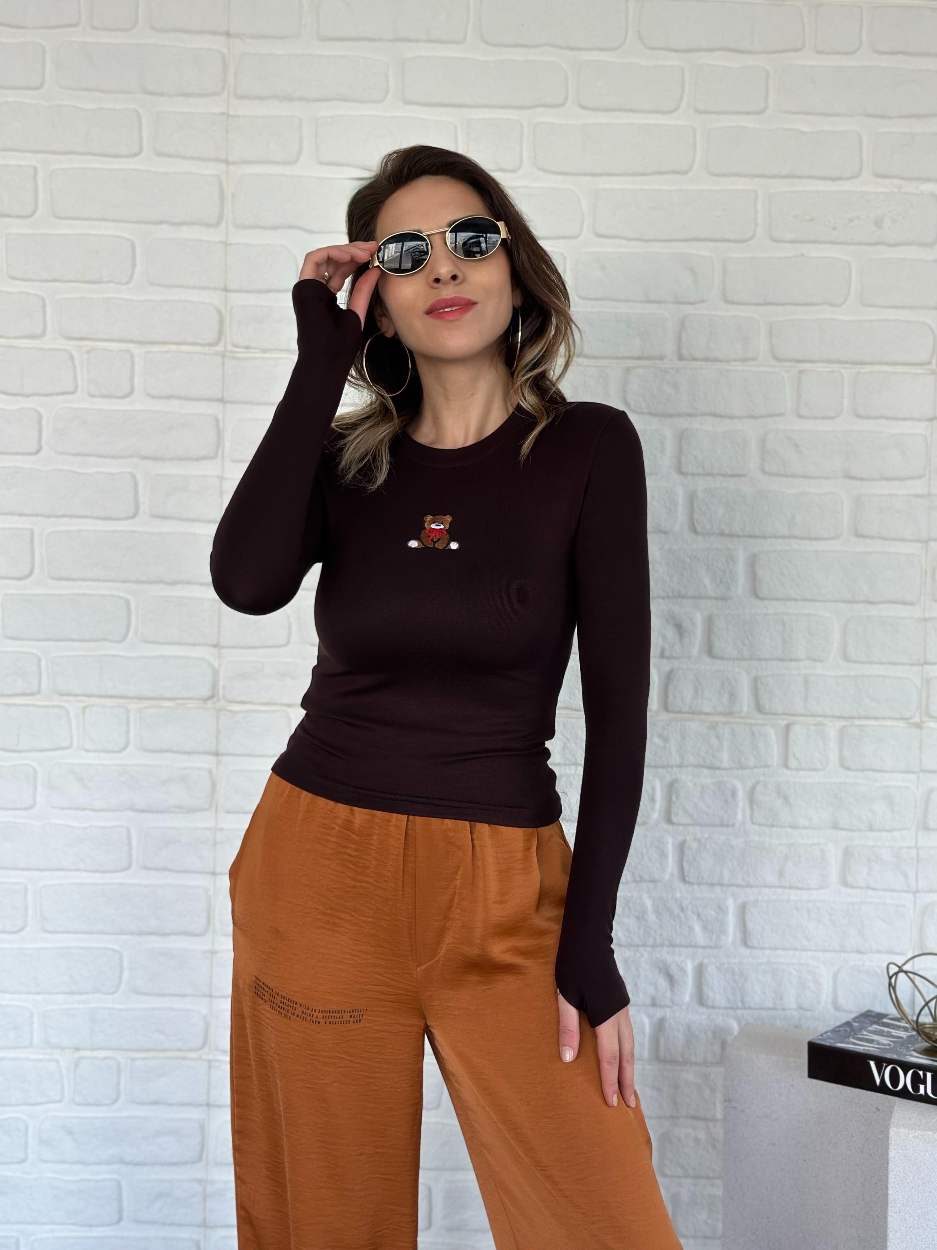 Bisiklet Yaka İşlemeli Bluz Kahve