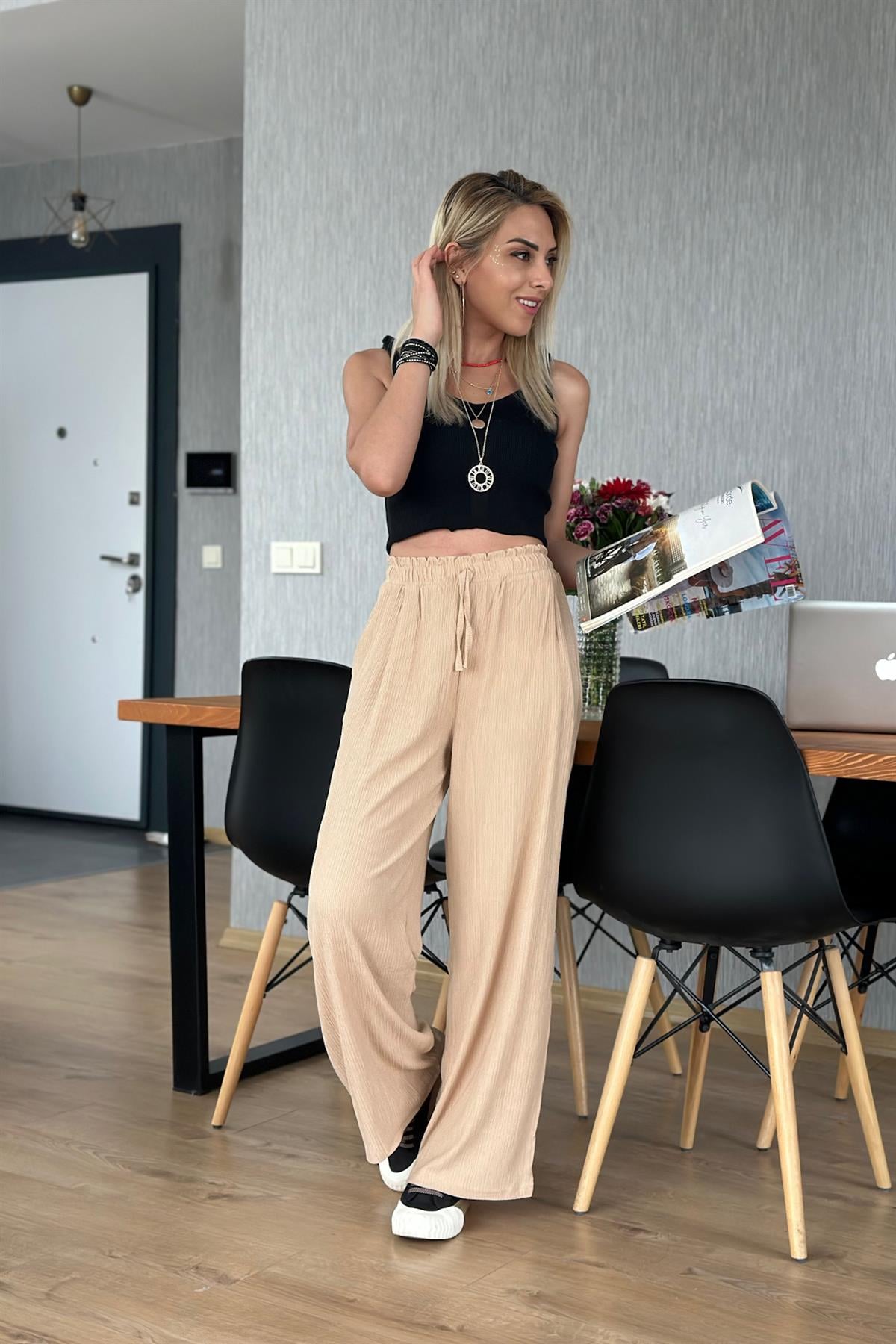 Bol Paça Krinkıl Pantolon Camel