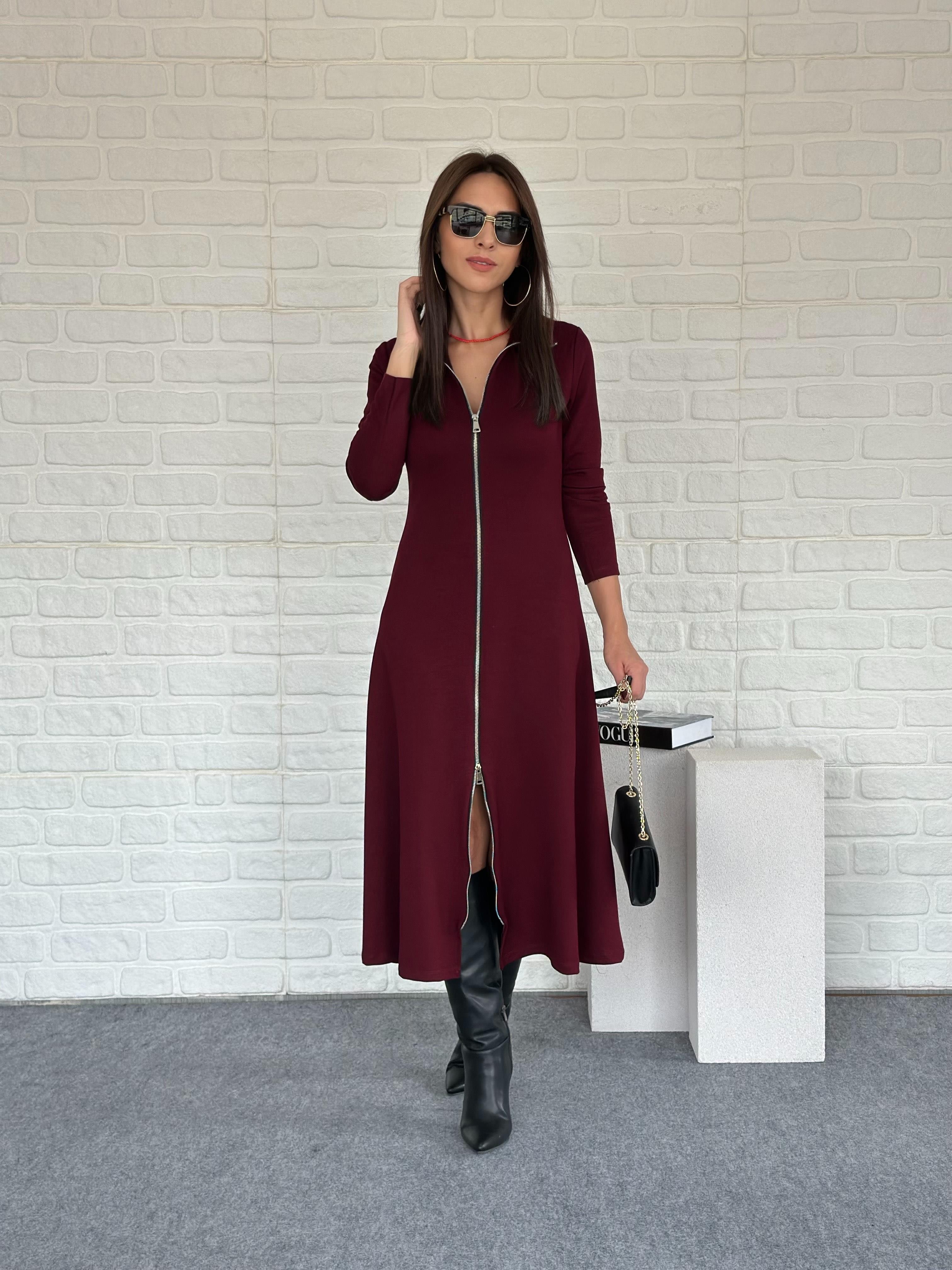 Çift Fermuarlı Modal Elbise Bordo