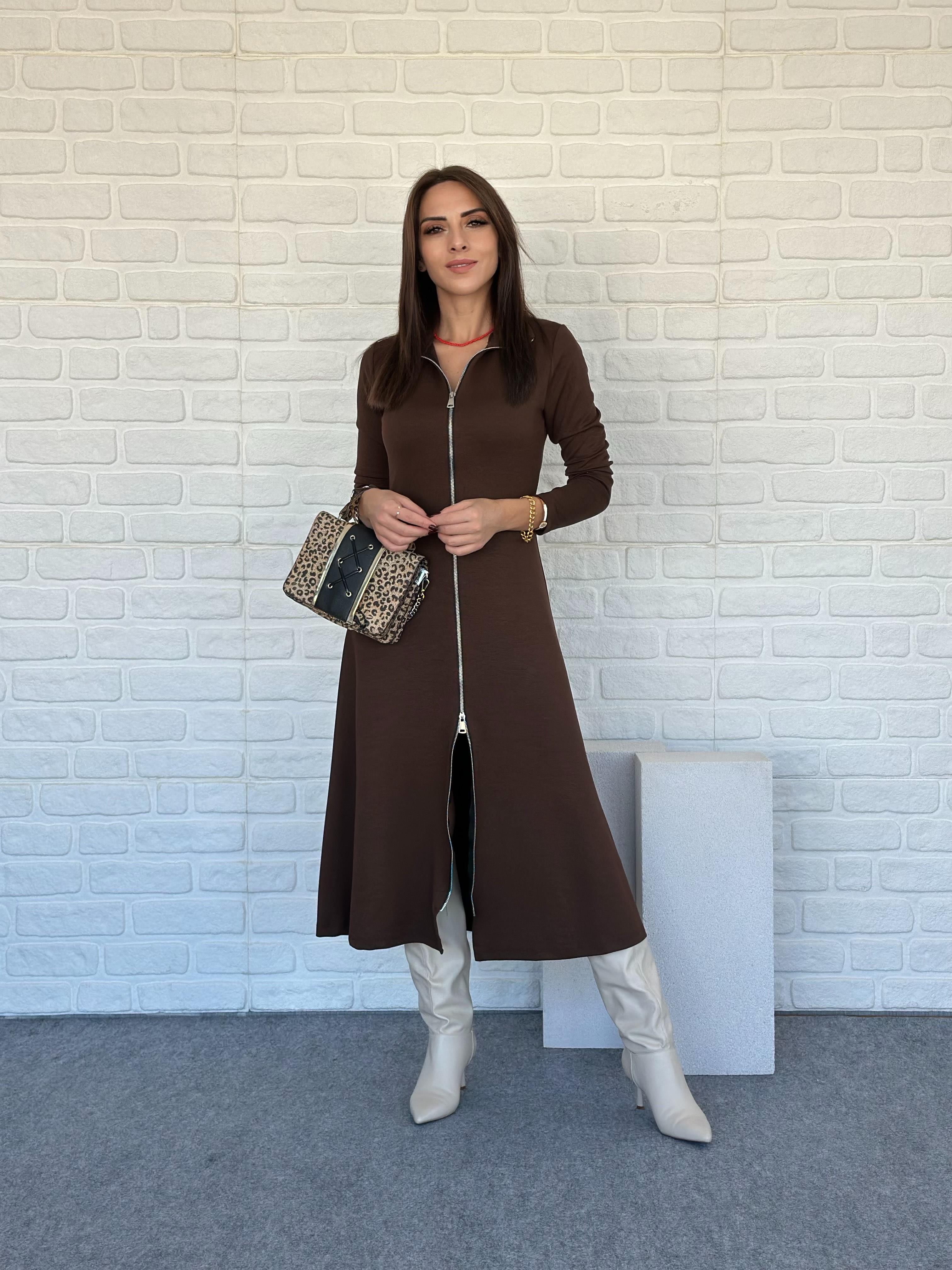 Çift Fermuarlı Modal Elbise Kahve