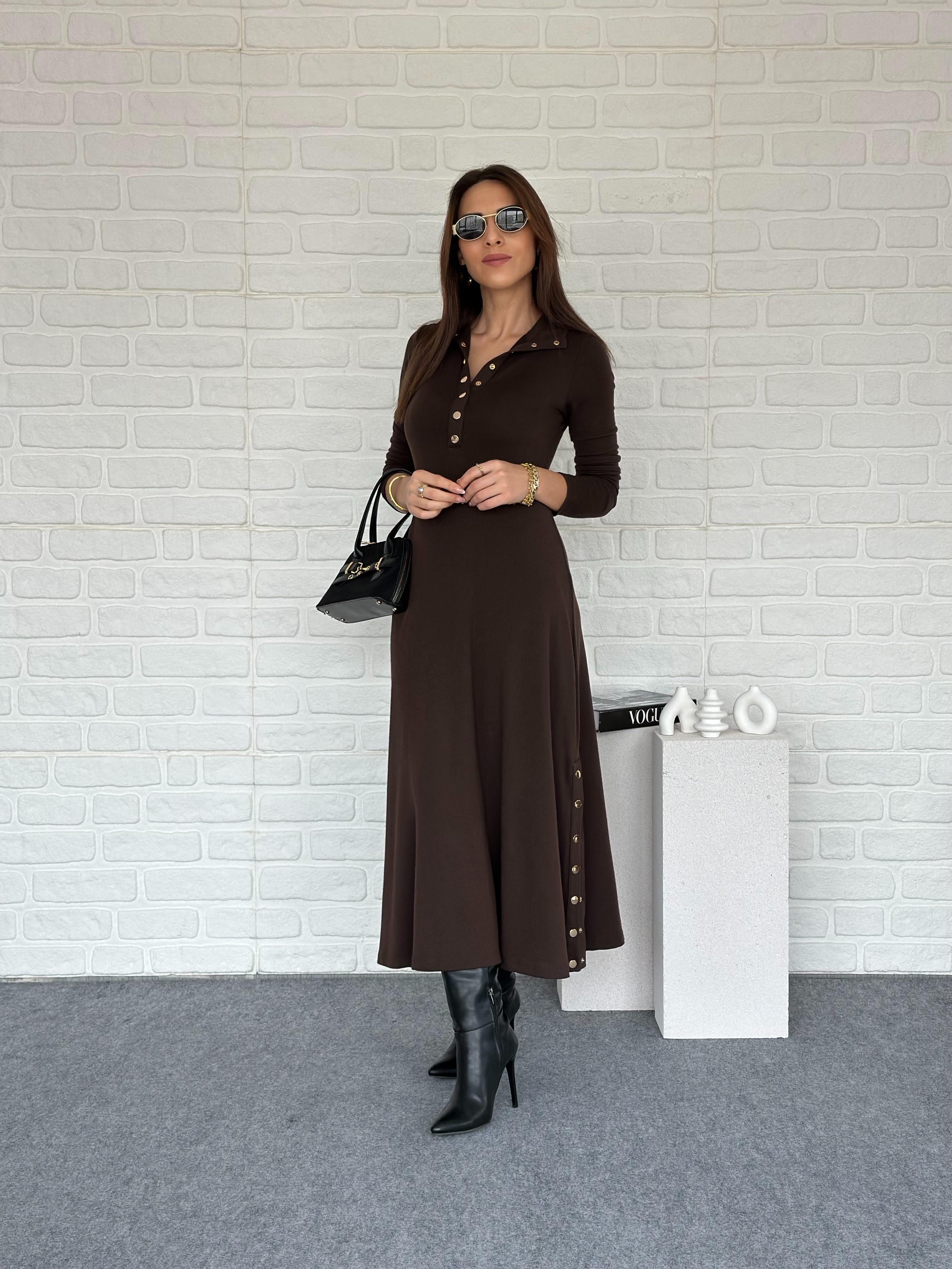 Çıtçıtlı Triko Elbise Kahve